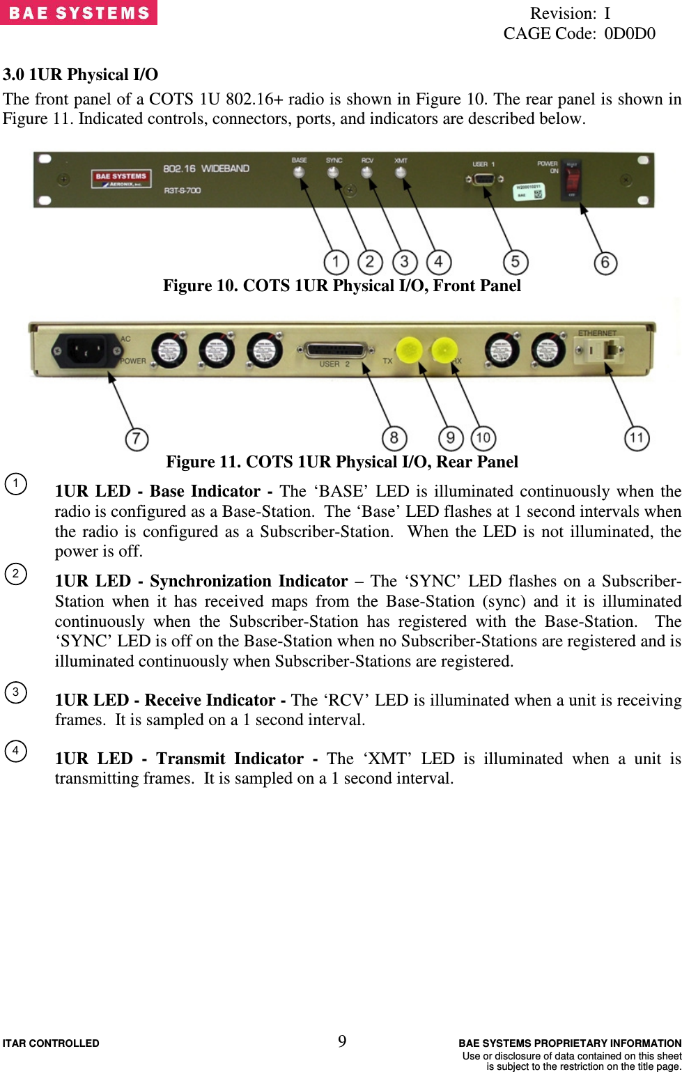   Revision:  I   CAGE Code:  0D0D0 ITAR CONTROLLED  9 BAE SYSTEMS PROPRIETARY INFORMATION     Use or disclosure of data contained on this sheet     is subject to the restriction on the title page. 3.0 1UR Physical I/O The front panel of a COTS 1U 802.16+ radio is shown in Figure 10. The rear panel is shown in Figure 11. Indicated controls, connectors, ports, and indicators are described below.  Figure 10. COTS 1UR Physical I/O, Front Panel  Figure 11. COTS 1UR Physical I/O, Rear Panel 1 1UR  LED  -  Base  Indicator  -  The  ‘BASE’  LED  is  illuminated  continuously when  the radio is configured as a Base-Station.  The ‘Base’ LED flashes at 1 second intervals when the  radio  is  configured  as  a  Subscriber-Station.    When  the  LED  is  not  illuminated,  the power is off. 2 1UR  LED  -  Synchronization  Indicator  –  The  ‘SYNC’  LED  flashes  on  a  Subscriber-Station  when  it  has  received  maps  from  the  Base-Station  (sync)  and  it  is  illuminated continuously  when  the  Subscriber-Station  has  registered  with  the  Base-Station.    The ‘SYNC’ LED is off on the Base-Station when no Subscriber-Stations are registered and is illuminated continuously when Subscriber-Stations are registered. 3  1UR LED - Receive Indicator - The ‘RCV’ LED is illuminated when a unit is receiving frames.  It is sampled on a 1 second interval. 4 1UR  LED  -  Transmit  Indicator  -  The  ‘XMT’  LED  is  illuminated  when  a  unit  is transmitting frames.  It is sampled on a 1 second interval. 