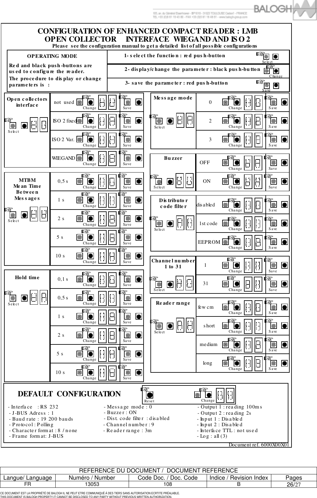         REFERENCE DU DOCUMENT /  DOCUMENT REFERENCE Langue/ Language  Num&eacute;ro / Number  Code Doc. / Doc. Code  Indice / Revision Index Pages FR 13053  108  B 26/27  CE DOCUMENT EST LA PROPRI&Eacute;T&Eacute; DE BALOGH IL NE PEUT ETRE COMMUNIQU&Eacute; &Agrave; DES TIERS SANS AUTORISATION ECRTITE PR&Eacute;ALABLE. THIS DOCUMENT IS BALOGH PROPERTY.IT CANNOT BE DISCLOSED TO ANY PARTY WITHOUT PREVIOUS WRITTEN AUTHORIZATION.  C O N F I G U R A T I O N   O F   E N H AN C E D   C O M P A C T  R E A D E R   :   L M B   O P E N   C O L L E C T O R      IN T E R F AC E     W IE G A N D   AN D   I S O   2 Ch an ne l nu mb er 1  t o 3 1Cha n g e 1   ☞ Sa ve☞ S el e ct ☞ ☞ ☞ Cha n g e 31   Sa veDi s tr ibu t o r       c o de  filt e rS el e ct ☞ Cha n g e 1 s t   c o de ☞ Sa ve☞ Cha n g e d is a b l e d  ☞ Sa ve☞ Cha n g e EEPR O M   ☞ Sa ve☞ Bu z z e r Cha n g e O FF   ☞ Sa ve☞ S el e ct ☞ ☞ ☞ Cha n g e O N  Sa veM e ss a ge  modeS el e ct ☞ Cha n g e 2  ☞ Sa ve☞ Cha n g e 0   ☞ Sa ve☞ Cha n g e 3  ☞ Sa ve☞ R e a d e r  r a n g e s h o r t  f e w   c mm ediu m l o ng S el e ct ☞ Cha n g e ☞ Sa ve☞ Cha n g e ☞ Sa ve☞ Cha n g e ☞ Sa ve☞ Cha n g e ☞ Sa ve☞ D o c umen t   r e f .   6 0 0 0 X 00 X 0 1 Op en   c o l l e c t o r s   i n t e r f ac e n o t     u s e d   I S O   2   f ixe d  C ha ng e I S O   2   Va r .   ☞ S ave☞ W I E G A N D C ha ng e ☞ S ave☞ S e le c t ☞ C ha ng e ☞ S ave☞ C ha ng e ☞ S ave☞ S e le c t ☞ M T B M   M e a n   Ti m e   B e t w e e n   M e s s a g e s ☞ S ave☞ C ha ng e 1   s   ☞ S ave☞ C ha ng e 0 , 5   s C ha ng e 2   s ☞ S ave☞ C ha ng e 1 0   s ☞ S ave☞ C ha ng e 5   s ☞ S ave☞ H o ld   t i m e ☞ S ave☞ S e le c t ☞ C ha ng e 1   s   ☞ S ave☞ C ha ng e 0 , 5   s C ha ng e 2   s ☞ S ave☞ C ha ng e ☞ S ave☞ C ha ng e 5   s ☞ S ave☞ C ha ng e 1 0   s ☞ S ave☞ 0 , 1   s D E F A U L T     C O N F I G U R A TIO N   ☞ ☞  -  Out pu t  1 :   re a d i n g   1 0 0m s -  Out pu t  2 :   re a d i n g   2 s -   I n t e r f a c e       :   R S   2 3 2 -   J- BU S  Ad r e s s   :   1 -   B a u d   r a te   :   1 9   2 0 0   b a u d s -   C h a r a c t e r   f o r m a t   :   8   /   n o n e -   P r o t o c o l   :   P o l l i n g -   F r a m e  f o rm a t :   J - B U S  -   Buz z e r  : O N - C han ne l  n um b e r  : 9   - R e ad e r  r a n g e  :  3m      -   D i s t .  c o d e   f il te r    :   di s a b l e d-  I n p ut  1   : D i s a b le d -  I n p ut  2   : D i s a b le d -  Lo g   :  all   (3 )  -   M es s a g e  mo d e  : 0-  I n ter fa c e T T L   :   n o t   u s e d C h a n g e Reset R e d   a n d b l a c k   p u s h - b u t to ns   a r e   u s e d  t o   c o n f i g u r e   t h e   r e a d e r. T h e  pro c e d u r e   t o   d i s p l a y  or c ha ng e  p a r am e t e r s   i s     :   S e l ect ☞ C h a nge ☞ S a v e☞ 1 - s ele c t  the  fu ncti o n   :   r e d  p u s h -b u tt on 3-  s ave  th e   pa r a me te r : r ed  p u s h -b utt on 2 -  d is pl ay / c ha n ge  th e   p ar a m e t e r   :   b l a c k   p u s h -b u t t o n O P E R A T I N G   M ODE P l e a s e    s e e   t h e   c o nf i g urat i o n  m anu a l to  ge t a  d e tail e d  l i st   of   a l l   p os s i b l e  co n f i g u r a t i o ns 