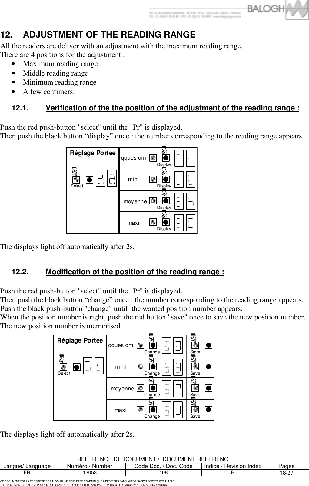         REFERENCE DU DOCUMENT /  DOCUMENT REFERENCE Langue/ Language  Num&eacute;ro / Number  Code Doc. / Doc. Code  Indice / Revision Index Pages FR 13053  108  B 18/27  CE DOCUMENT EST LA PROPRI&Eacute;T&Eacute; DE BALOGH IL NE PEUT ETRE COMMUNIQU&Eacute; &Agrave; DES TIERS SANS AUTORISATION ECRTITE PR&Eacute;ALABLE. THIS DOCUMENT IS BALOGH PROPERTY.IT CANNOT BE DISCLOSED TO ANY PARTY WITHOUT PREVIOUS WRITTEN AUTHORIZATION. 12.  ADJUSTMENT OF THE READING RANGE All the readers are deliver with an adjustment with the maximum reading range. There are 4 positions for the adjustment :  &bull;  Maximum reading range &bull;  Middle reading range &bull;  Minimum reading range &bull;  A few centimers. 12.1.  Verification of the the position of the adjustment of the reading range :  Push the red push-button "select" until the "Pr" is displayed. Then push the black button &ldquo;display&rdquo; once : the number corresponding to the reading range appears.  The displays light off automatically after 2s.  12.2.  Modification of the position of the reading range :  Push the red push-button "select" until the "Pr" is displayed. Then push the black button &ldquo;change&rdquo; once : the number corresponding to the reading range appears. Push the black push-button "change" until  the wanted position number appears. When the position number is right, push the red button "save" once to save the new position number. The new position number is memorised.  The displays light off automatically after 2s. R&eacute;glage Port&eacute;eSelect☞Displaymini ☞Displayqques cm ☞Displaymoyenne ☞Displaymaxi☞R&eacute;glage Port&eacute;eSelect☞Changemini ☞Save☞Changeqques cm ☞Save☞Changemoyenne ☞Save☞Changemaxi☞Save☞