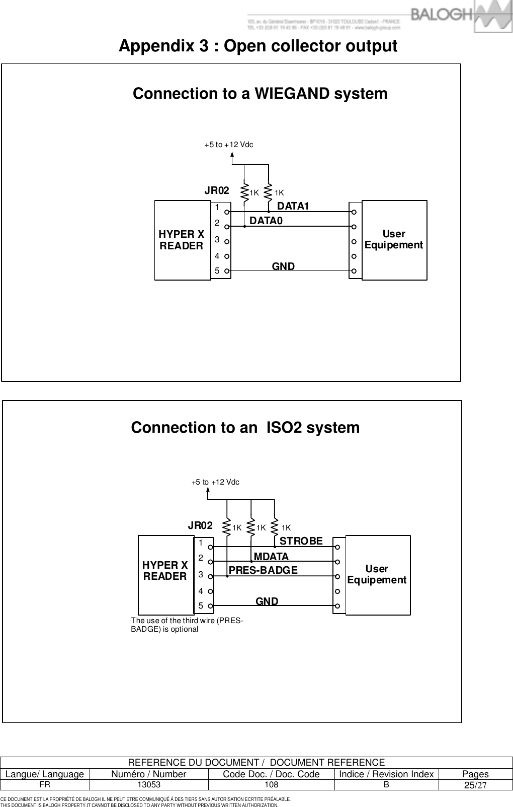         REFERENCE DU DOCUMENT /  DOCUMENT REFERENCE Langue/ Language  Num&eacute;ro / Number  Code Doc. / Doc. Code  Indice / Revision Index Pages FR 13053  108  B 25/27  CE DOCUMENT EST LA PROPRI&Eacute;T&Eacute; DE BALOGH IL NE PEUT ETRE COMMUNIQU&Eacute; &Agrave; DES TIERS SANS AUTORISATION ECRTITE PR&Eacute;ALABLE. THIS DOCUMENT IS BALOGH PROPERTY.IT CANNOT BE DISCLOSED TO ANY PARTY WITHOUT PREVIOUS WRITTEN AUTHORIZATION. Appendix 3 : Open collector output Connection to an  ISO2 systemConnection to a WIEGAND system1K1KDATA1DATA012345JR02  HYPER X READER GNDUser Equipement 1KThe use of the third wire (PRES-BADGE) is optional+5 to +12 Vdc1KSTROBEMDATA12345JR02  HYPER X READER GNDUser Equipement PRES-BADGE1K+5 to +12 Vdc