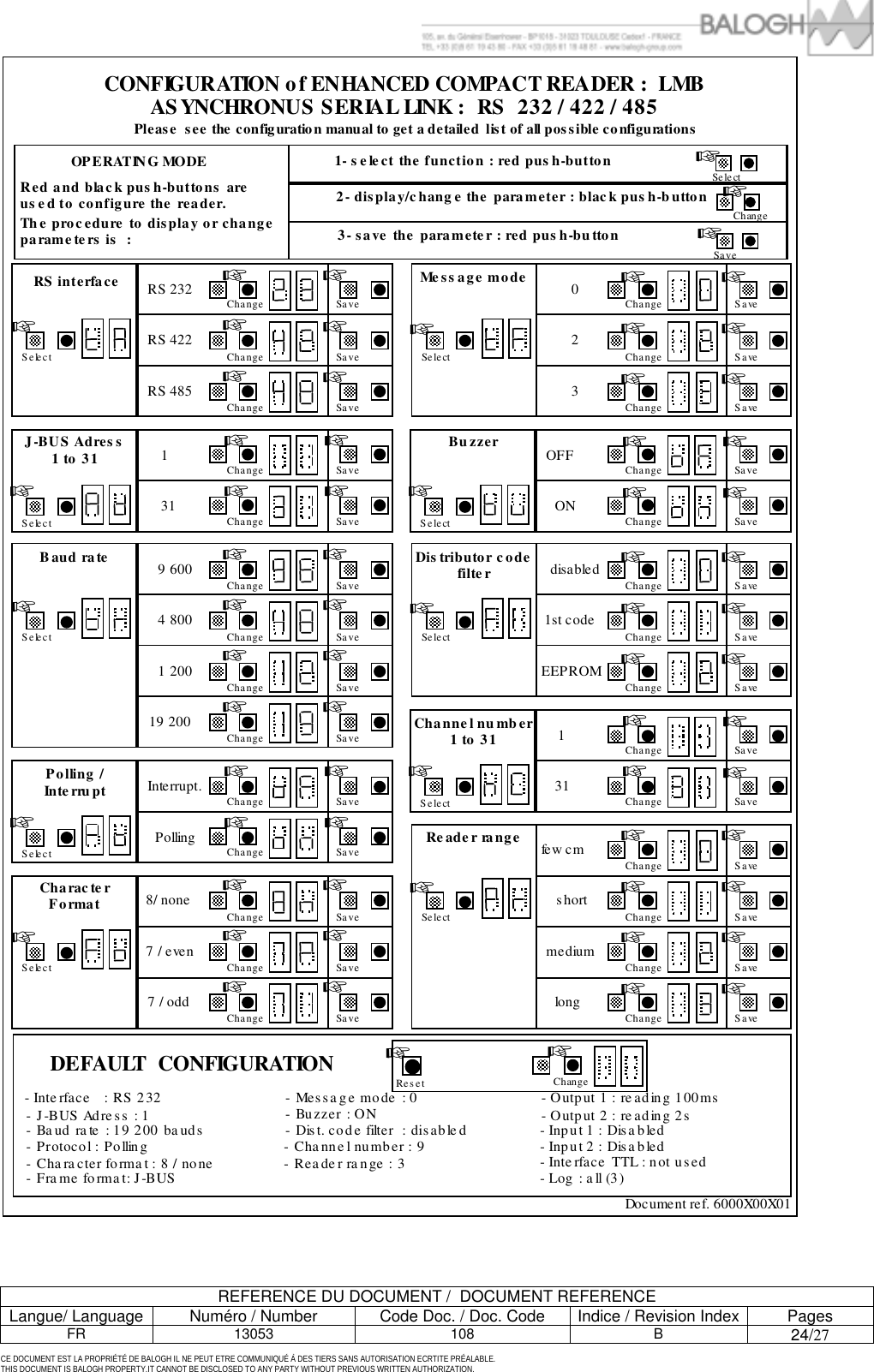         REFERENCE DU DOCUMENT /  DOCUMENT REFERENCE Langue/ Language  Num&eacute;ro / Number  Code Doc. / Doc. Code  Indice / Revision Index Pages FR 13053  108  B 24/27  CE DOCUMENT EST LA PROPRI&Eacute;T&Eacute; DE BALOGH IL NE PEUT ETRE COMMUNIQU&Eacute; &Agrave; DES TIERS SANS AUTORISATION ECRTITE PR&Eacute;ALABLE. THIS DOCUMENT IS BALOGH PROPERTY.IT CANNOT BE DISCLOSED TO ANY PARTY WITHOUT PREVIOUS WRITTEN AUTHORIZATION.  C O N F I G U R A TIO N   o f   E N HA N C E D   C O M P A C T   R E A D E R   :     L M B   A S Y N C H R O N U S   S E R IA L  L IN K   :    R S     2 3 2   /   4 2 2   /   4 8 5   R S   i n t e r f a c e   C ha n geR S   2 3 2  ☞ S av e ☞ S e l e c t ☞ C ha n geR S   4 2 2  ☞ S av e ☞ C ha n geR S   4 8 5  ☞ S av e ☞ C h a r ac t e r   F o r m a t  7   /   e v e n  8 /   n o n e   7   /   o d d   S e l e c t ☞ C ha n ge☞ S av e ☞ C ha n ge☞ S av e ☞ C ha n ge☞ S av e ☞ Po l l i n g   /   I n t e r r u p t C ha n geI n t e r r u p t .  ☞ S av e ☞ S e l e c t ☞ C ha n geP o l l i n g   ☞ S av e ☞ ☞ S av e ☞ B a u d  r a t e S e l e c t ☞ C ha n ge4   8 0 0  ☞ S av e ☞ C ha n ge9   6 0 0  C ha n ge1   2 0 0  ☞ S av e ☞ C ha n ge1 9   2 0 0 ☞ S av e ☞ J - B U S  A d r e s s   1   t o  31 C ha n ge1   ☞ S av e ☞ S e l e c t ☞ C ha n ge3 1   ☞ S av e ☞ Ch an ne l  n u m b er 1   t o   31 C h a n g e1   ☞ Sa v e☞ S e le c t☞ ☞ ☞ C h a n g e3 1   Sa v eDis t r i b uto r  c ode  f i l t e r1 st  co de d is a b le d   E E P RO M   Se lec t☞ C h a n g e☞ Sav e☞ C h a n g e☞ Sav e☞ C h a n g e☞ Sav e☞ B u zzerC h a n g eO F F  ☞ Sa v e☞ S e le c t☞ ☞ ☞ C h a n g eO N  Sa v eM e s s a g e  m o deSe lec t☞ C h a n g e2  ☞ Sav e☞ C h a n g e0  ☞ Sav e☞ C h a n g e3  ☞ Sav e☞ Re ade r   r a ng e sh o r t  few  cm  m e dium  long Se lec t☞ C h a n g e☞ Sav e☞ C h a n g e☞ Sav e☞ C h a n g e☞ Sav e☞ C h a n g e☞ Sav e☞ D oc u m en t  r e f .  6 0 0 0 X 00X 01D E F A U L T     C O N F I G U R A T IO N   ☞ ☞  -  Ou t p ut   1  :  r e a d i n g   1 0 0m s  -  Ou t p ut   2  :  r e a d i n g   2 s -  In t e rf a ce       :   R S   2 3 2 -   J - B U S   A d r e s s   :   1 -   Ba u d   r a t e  :   1 9   2 0 0   b a u d s -   Cha r a c t e r   f o r m a t   :   8   /   n o ne -   P r o to c o l   :   P o l l i n g -   F r a m e   f o r m a t :   J - B U S   -  B u z zer   :  O N -  C h a nn e l  n u mb e r  : 9 -  R ea de r  r a nge  :  3         -  D is t.  c o de f i lte r    :  dis ab le d -  I npu t   1   :  Di sa ble d-  I npu t   2   :  Di sa ble d-  Log  :   a l l   ( 3)  -  M es s a ge  mo d e  :  0-  I nte r f a c e  T T L  :   n o t   u s e dC h a n g e Res e t P l e a s e     s ee t h e  c o n f igu r a t io n m anua l  to   g et a d e t ail e d l ist  of  a l l  p os s i ble  c on f i g u r atio n sR e d  a n d   b la c k   p u s h - b u t t o n s   a re  us e d  to   c o n f i g u r e   t h e   r e ad e r . T h e   p r oc e d u r e   t o   d i s p l a y  o r   c h an g e   pa r a m e t e r s   i s     :   S el ect ☞ C h a nge ☞ S a v e ☞ 1 -  s e le ct  th e fu n c ti o n  :  r ed   pu s h -b u t t o n3-  sa v e   t h e   p ar a mete r  :  r ed   pus h - bu tt o n2 -  d i spla y / c ha n g e  t he   p ar a met e r   :   b la c k   p us h -b ut t o nO P E R A T I N G   M O D E 