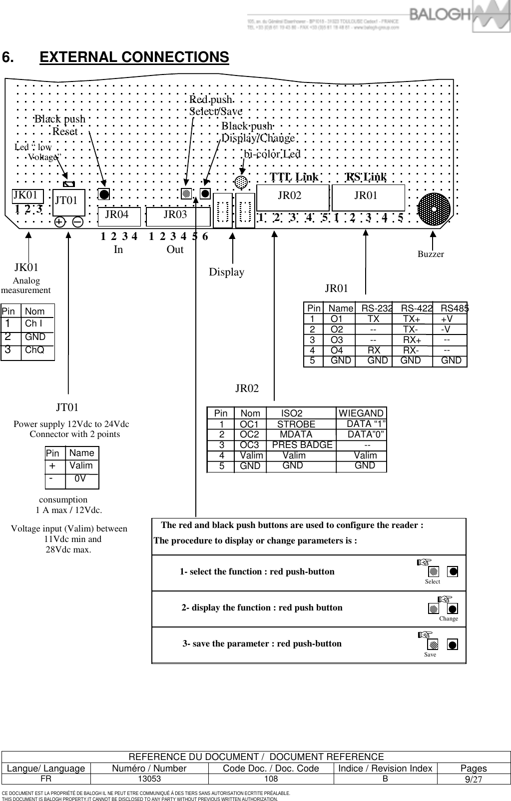         REFERENCE DU DOCUMENT /  DOCUMENT REFERENCE Langue/ Language  Num&eacute;ro / Number  Code Doc. / Doc. Code  Indice / Revision Index Pages FR 13053  108  B 9/27 CE DOCUMENT EST LA PROPRI&Eacute;T&Eacute; DE BALOGH IL NE PEUT ETRE COMMUNIQU&Eacute; &Agrave; DES TIERS SANS AUTORISATION ECRTITE PR&Eacute;ALABLE. THIS DOCUMENT IS BALOGH PROPERTY.IT CANNOT BE DISCLOSED TO ANY PARTY WITHOUT PREVIOUS WRITTEN AUTHORIZATION. 6. EXTERNAL CONNECTIONS  Buzzer Pin Name  +  Valim  -    0V Power supply 12Vdc to 24Vdc Connector with 2 points consumption   1 A max / 12Vdc. Voltage input (Valim) between  11Vdc min and  28Vdc max.  Out     In JR01 JR02 DisplayAnalog  measurement Pin   Name   RS-232   RS-422   RS485 1O1 TX   TX+ +V  2 O2  --   TX- -V  3 O3  --   RX+  --  4O4 RX   RX-  --  5 GND GND  GND GND  Pin     Nom        ISO2              WIEGAND     1 OC1    STROBE DATA &ldquo;1&rdquo;    2 OC2     MDATA DATA&rdquo;0&rdquo;    3 OC3 PRES BADGE      --    4 Valim     Valim    Valim    5 GND      GND      GNDPin Nom  1  Ch I  2  GND  3  ChQJT01 JK01 JR011 2 3 4 5    RS Link JT01 Led &ldquo; low Voltage&rdquo; JK01JR04 JR03 JR021 2 3 4 5   TTL Link1 2 3 4 5 61 2 3 4 Red push Select/Save Black push Display/ChangeBlack push  Reset bi-color Led 1 2 3 The red and black push buttons are used to configure the reader :  The procedure to display or change parameters is :  Select ☞ Change☞ Save ☞ 1- select the function : red push-button 3- save the parameter : red push-button 2- display the function : red push button  