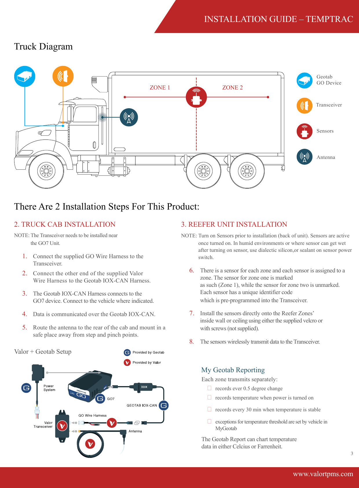 www.valortpms.com3 INSTALLATION GUIDE &ndash; TEMPTRACTruck DiagramThere Are 2 Installation Steps For This Product:2. TRUCK CAB INSTALLATIONNOTE:  The Transceiver needs to be installed near the GO7 Unit.1.   Connect the supplied GO Wire Harness to the Transceiver.2.   Connect the other end of the supplied Valor Wire Harness to the Geotab IOX-CAN Harness.3.   The Geotab IOX-CAN Harness connects to the GO7 device. Connect to the vehicle where indicated.4.  Data is communicated over the Geotab IOX-CAN.5.   Route the antenna to the rear of the cab and mount in a safe place away from step and pinch points.Each zone transmits separately:  records ever 0.5 degree change  records temperature when power is turned on   records every 30 min when temperature is stable   exceptions for temperature threshold are set by vehicle in MyGeotabThe Geotab Report can chart temperature data in either Celcius or Farrenheit.My Geotab ReportingValor + Geotab Setup3. REEFER UNIT INSTALLATIONNOTE:  Turn on Sensors prior to installation (back of unit). Sensors are active once turned on. In humid environments or where sensor can get wet after turning on sensor, use dialectic silicon,or sealant on sensor power switch.6.   There is a sensor for each zone and each sensor is assigned to a zone. The sensor for zone one is marked as such (Zone 1), while the sensor for zone two is unmarked. Each sensor has a unique identifier code which is pre-programmed into the Transceiver.7.   Install the sensors directly onto the Reefer Zones&rsquo; inside wall or ceiling using either the supplied velcro or with screws (not supplied).8.   The sensors wirelessly transmit data to the Transceiver.ZONE 1 ZONE 2AntennaSensorsGeotabGO DeviceTransceiver