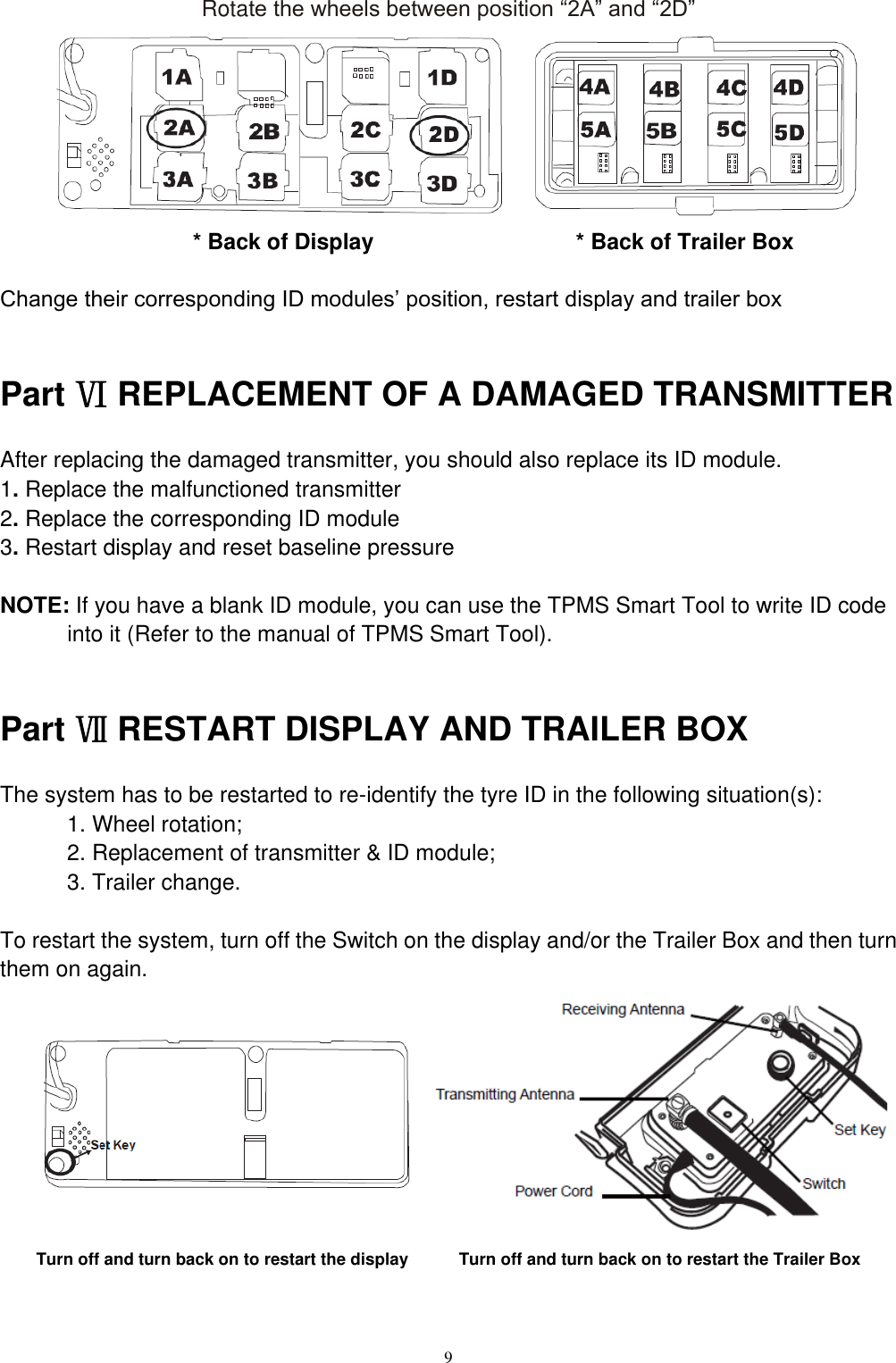9  Rotate the wheels between position &ldquo;2A&rdquo; and &ldquo;2D&rdquo;                        * Back of Display                                  * Back of Trailer Box  Change their corresponding ID modules&rsquo; position, restart display and trailer box  Part Ⅵ REPLACEMENT OF A DAMAGED TRANSMITTER After replacing the damaged transmitter, you should also replace its ID module. 1. Replace the malfunctioned transmitter   2. Replace the corresponding ID module   3. Restart display and reset baseline pressure  NOTE: If you have a blank ID module, you can use the TPMS Smart Tool to write ID code into it (Refer to the manual of TPMS Smart Tool).  Part Ⅶ RESTART DISPLAY AND TRAILER BOX The system has to be restarted to re-identify the tyre ID in the following situation(s): 1. Wheel rotation; 2. Replacement of transmitter &amp; ID module; 3. Trailer change.  To restart the system, turn off the Switch on the display and/or the Trailer Box and then turn them on again.          Turn off and turn back on to restart the display            Turn off and turn back on to restart the Trailer Box  