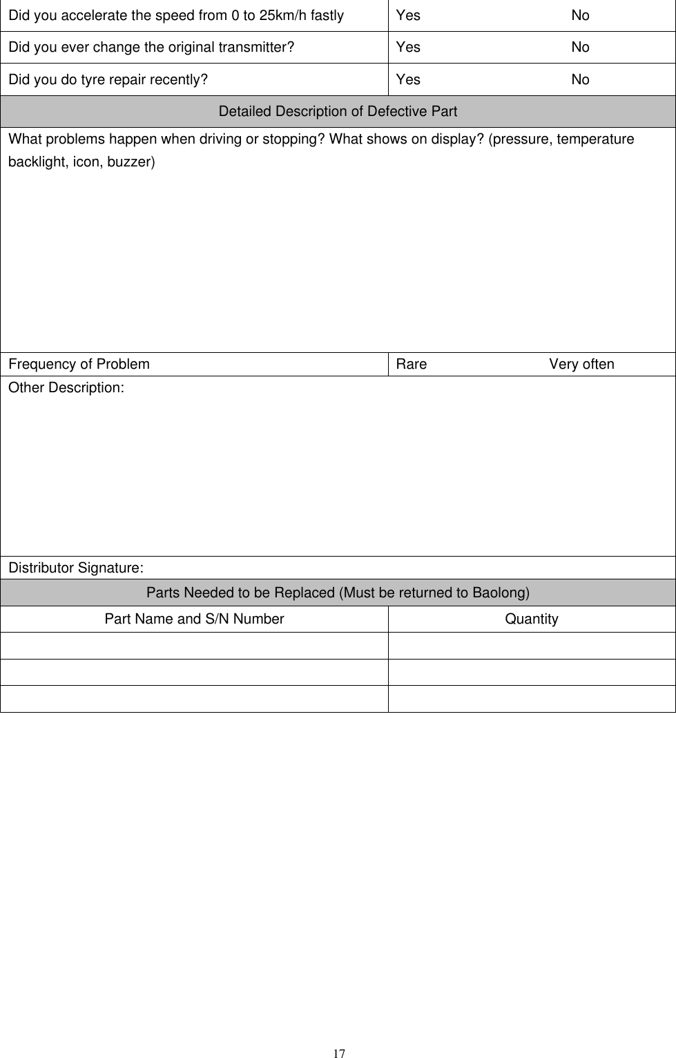 17  Did you accelerate the speed from 0 to 25km/h fastly Yes                     No Did you ever change the original transmitter? Yes                     No Did you do tyre repair recently? Yes                     No Detailed Description of Defective Part What problems happen when driving or stopping? What shows on display? (pressure, temperature backlight, icon, buzzer)         Frequency of Problem Rare                                  Very often Other Description:        Distributor Signature: Parts Needed to be Replaced (Must be returned to Baolong) Part Name and S/N Number Quantity              
