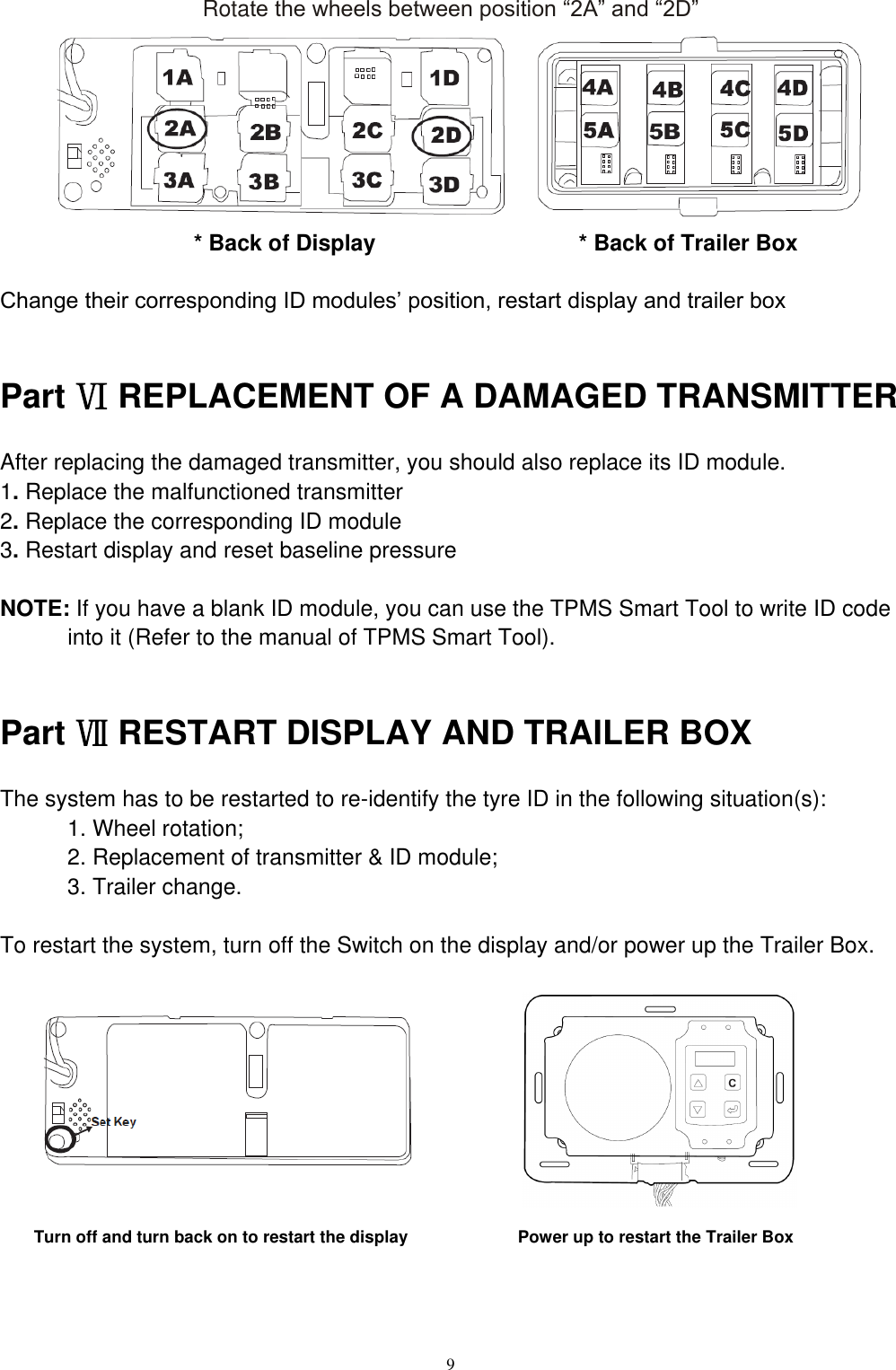 9  Rotate the wheels between position &ldquo;2A&rdquo; and &ldquo;2D&rdquo;                        * Back of Display                                  * Back of Trailer Box  Change their corresponding ID modules&rsquo; position, restart display and trailer box  Part Ⅵ REPLACEMENT OF A DAMAGED TRANSMITTER After replacing the damaged transmitter, you should also replace its ID module. 1. Replace the malfunctioned transmitter   2. Replace the corresponding ID module   3. Restart display and reset baseline pressure  NOTE: If you have a blank ID module, you can use the TPMS Smart Tool to write ID code into it (Refer to the manual of TPMS Smart Tool).  Part Ⅶ RESTART DISPLAY AND TRAILER BOX The system has to be restarted to re-identify the tyre ID in the following situation(s): 1. Wheel rotation; 2. Replacement of transmitter &amp; ID module; 3. Trailer change.  To restart the system, turn off the Switch on the display and/or power up the Trailer Box.          Turn off and turn back on to restart the display                          Power up to restart the Trailer Box  