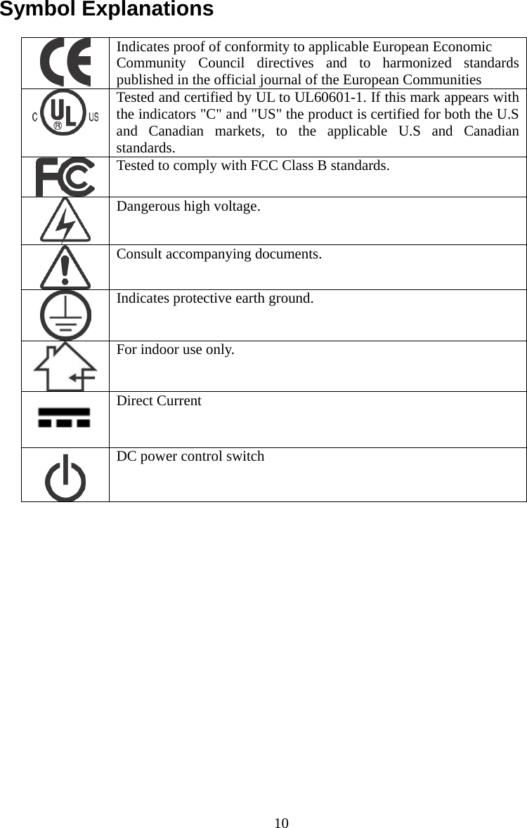 Symbol Explanations   Indicates proof of conformity to applicable European Economic  Community Council directives and to harmonized standards published in the official journal of the European Communities  Tested and certified by UL to UL60601-1. If this mark appears with the indicators &quot;C&quot; and &quot;US&quot; the product is certified for both the U.S and Canadian markets, to the applicable U.S and Canadian standards.   Tested to comply with FCC Class B standards.   Dangerous high voltage.   Consult accompanying documents.   Indicates protective earth ground.   For indoor use only.   Direct Current  DC power control switch   10
