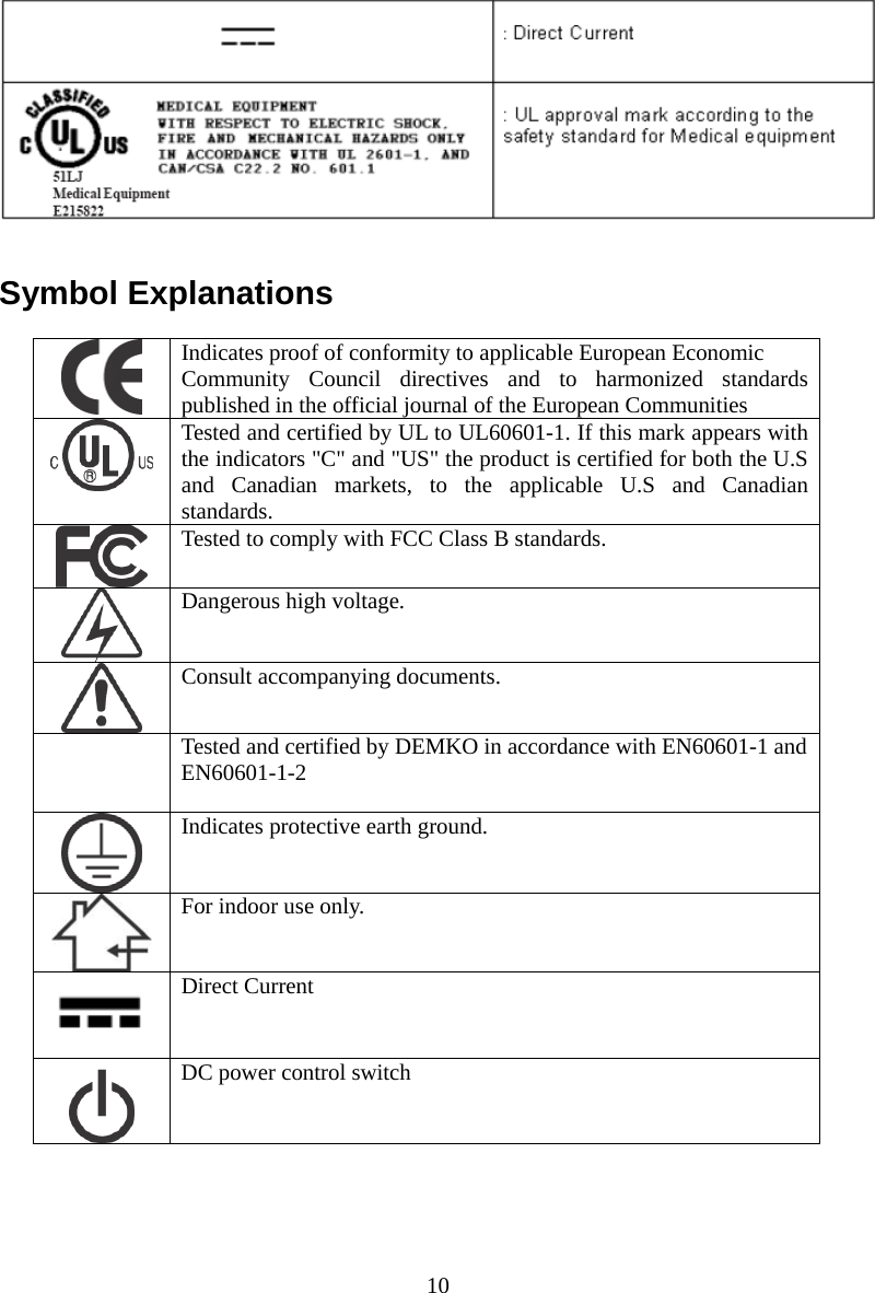  10   Symbol Explanations   Indicates proof of conformity to applicable European Economic  Community Council directives and to harmonized standards published in the official journal of the European Communities  Tested and certified by UL to UL60601-1. If this mark appears with the indicators &quot;C&quot; and &quot;US&quot; the product is certified for both the U.S and Canadian markets, to the applicable U.S and Canadian standards.   Tested to comply with FCC Class B standards.   Dangerous high voltage.   Consult accompanying documents.    Tested and certified by DEMKO in accordance with EN60601-1 and EN60601-1-2   Indicates protective earth ground.   For indoor use only.   Direct Current  DC power control switch  