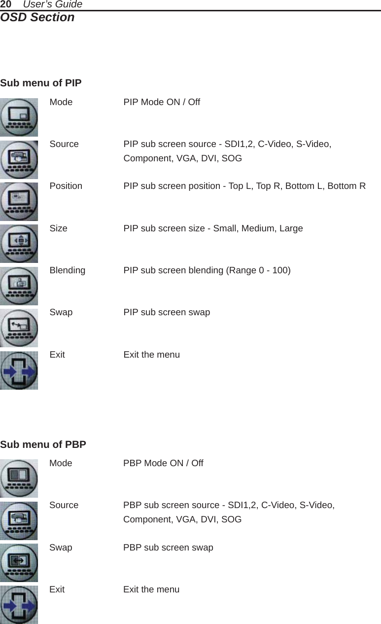 20    User’s GuideOSD SectionMode    PIP Mode ON / OffSource    PIP sub screen source - SDI1,2, C-Video, S-Video,     Component, VGA, DVI, SOGPosition    PIP sub screen position - Top L, Top R, Bottom L, Bottom RSize   PIP sub screen size - Small, Medium, LargeBlending   PIP sub screen blending (Range 0 - 100)Swap    PIP sub screen swapExit    Exit the menuMode    PBP Mode ON / OffSource    PBP sub screen source - SDI1,2, C-Video, S-Video,     Component, VGA, DVI, SOGSwap    PBP sub screen swapExit    Exit the menuSub menu of PBPSub menu of PIP