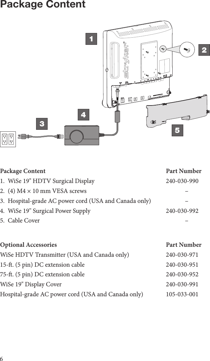 6Package Content12435Package Content Part Number1.  WiSe 19&quot; HDTV Surgical Display 240-030-9902.  (4) M4 × 10 mm VESA screws –3.  Hospital-grade AC power cord (USA and Canada only) –4.  WiSe 19&apos;&apos; Surgical Power Supply 240-030-9925.  Cable Cover –Optional Accessories Part NumberWiSe HDTV Transmitter (USA and Canada only) 240-030-97115-. (5 pin) DC extension cable 240-030-95175-. (5 pin) DC extension cable 240-030-952WiSe 19&quot; Display Cover 240-030-991Hospital-grade AC power cord (USA and Canada only) 105-033-001 