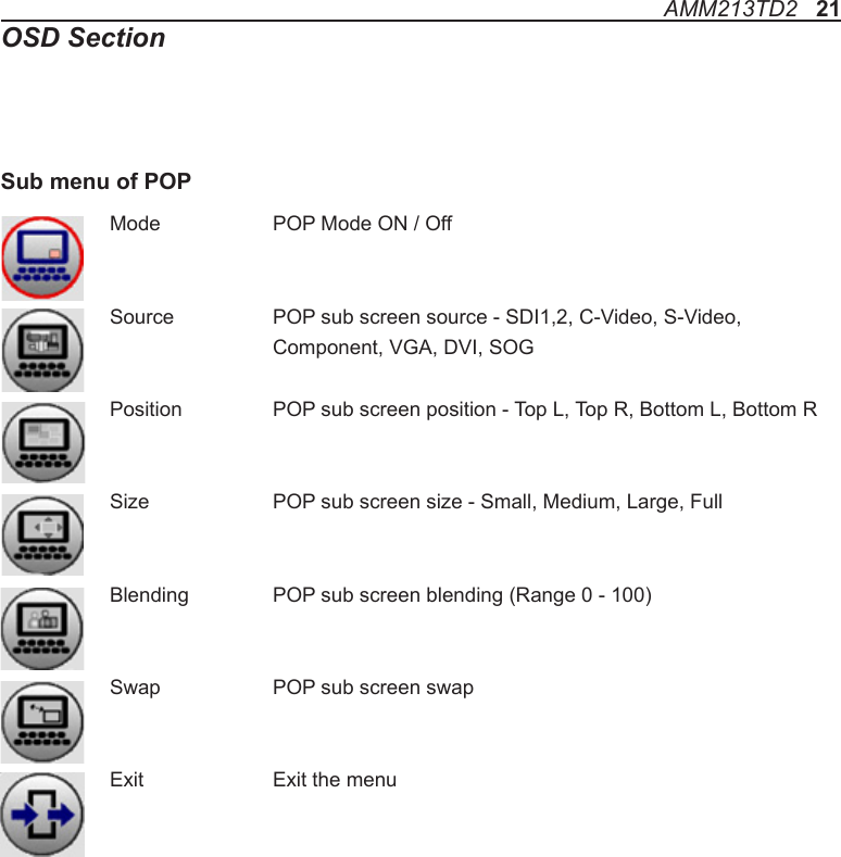 Mode    POP Mode ON / OffSource    POP sub screen source - SDI1,2, C-Video, S-Video,     Component, VGA, DVI, SOGPosition    POP sub screen position - Top L, Top R, Bottom L, Bottom RSize   POP sub screen size - Small, Medium, Large, FullBlending   POP sub screen blending (Range 0 - 100)Swap    POP sub screen swapExit    Exit the menuSub menu of POPAMM213TD2   21OSD Section