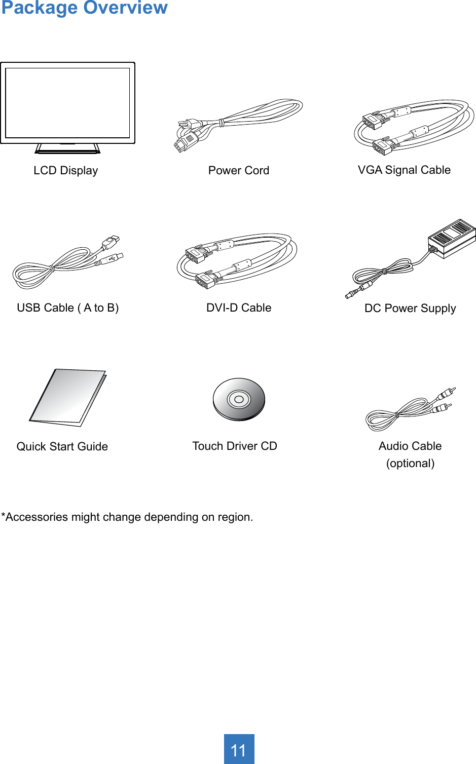 11Package Overview*Accessories might change depending on region. LCD Display Power Cord VGA Signal CableUSB Cable ( A to B) DVI-D CableQuick Start Guide Touch Driver CDDC Power SupplyAudio Cable(optional)