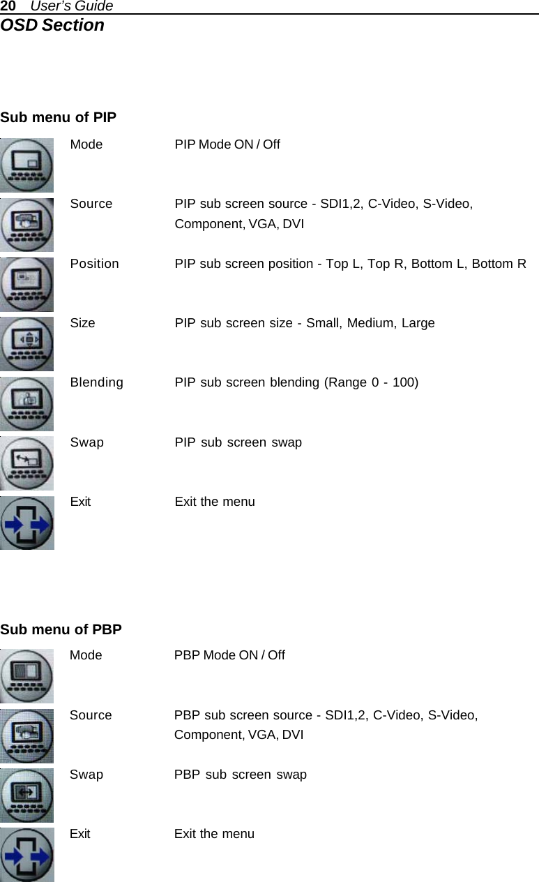 20    User’s GuideOSD SectionMode PIP Mode ON / OffSource PIP sub screen source - SDI1,2, C-Video, S-Video,Component, VGA, DVIPosition PIP sub screen position - Top L, Top R, Bottom L, Bottom RSize PIP sub screen size - Small, Medium, LargeBlending PIP sub screen blending (Range 0 - 100)Swap PIP sub screen swapExit Exit the menuMode PBP Mode ON / OffSource PBP sub screen source - SDI1,2, C-Video, S-Video,Component, VGA, DVISwap PBP sub screen swapExit Exit the menuSub menu of PBPSub menu of PIP