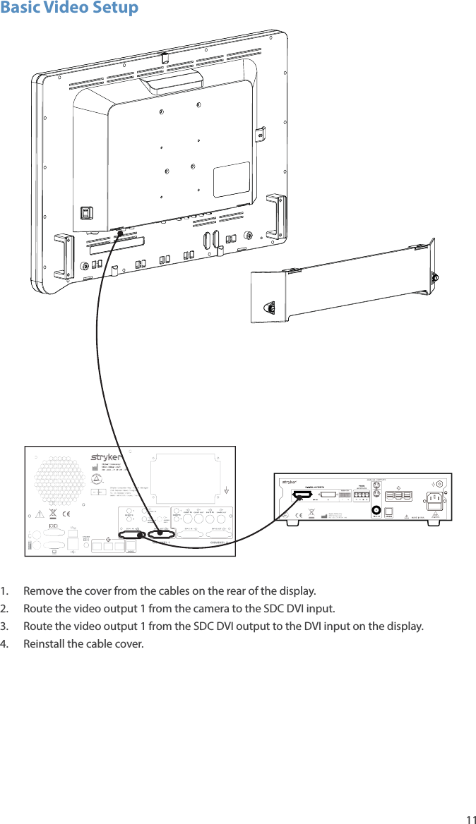 11Basic Video Setup1.  Remove the cover from the cables on the rear of the display.2.  Route the video output 1 from the camera to the SDC DVI input.3.  Route the video output 1 from the SDC DVI output to the DVI input on the display.4.  Reinstall the cable cover.