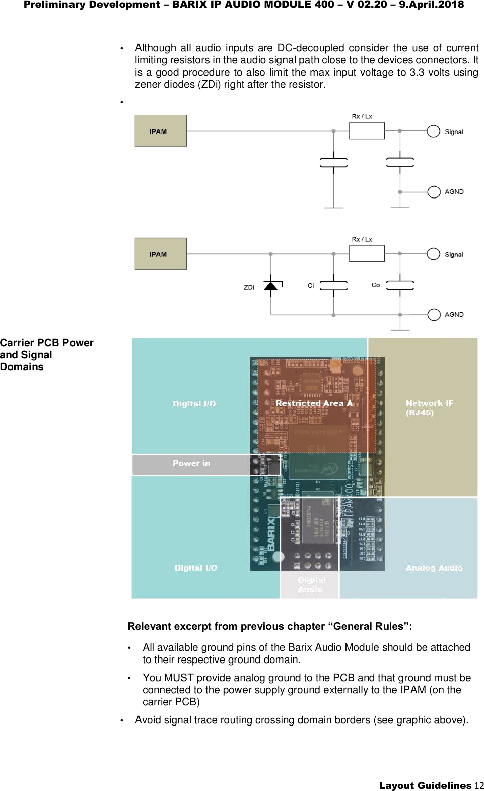 Preliminary Development – BARIX IP AUDIO MODULE 400 – V 02.20 – 9.April.2018  Layout Guidelines 12    • Although all audio  inputs are DC-decoupled consider the use of current limiting resistors in the audio signal path close to the devices connectors. It is a good procedure to also limit the max input voltage to 3.3 volts using zener diodes (ZDi) right after the resistor. •   Carrier PCB Power and Signal Domains    Relevant excerpt from previous chapter “General Rules”: • All available ground pins of the Barix Audio Module should be attached to their respective ground domain. • You MUST provide analog ground to the PCB and that ground must be connected to the power supply ground externally to the IPAM (on the carrier PCB) • Avoid signal trace routing crossing domain borders (see graphic above). 