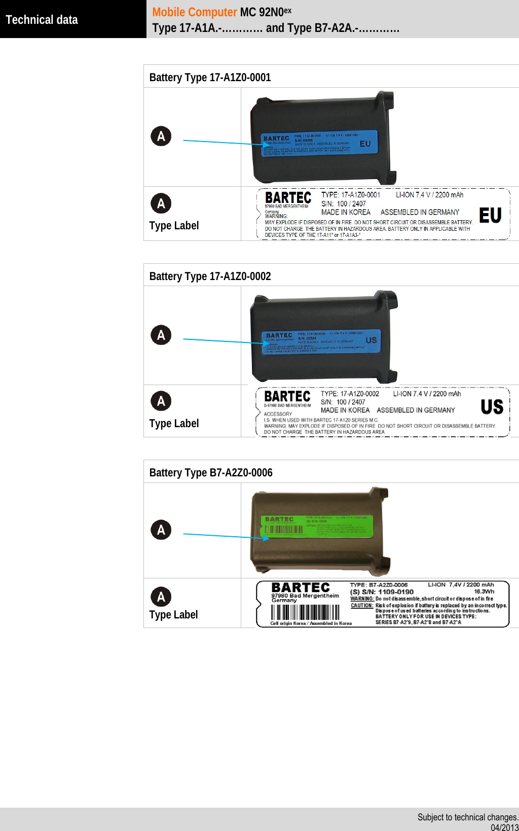 Technical data Mobile Computer MC 92N0ex Type 17-A1A.-………… and Type B7-A2A.-…………   Subject to technical changes. 04/2013   Battery Type 17-A1Z0-0001    Type Label      Battery Type 17-A1Z0-0002    Type Label      Battery Type B7-A2Z0-0006    Type Label        
