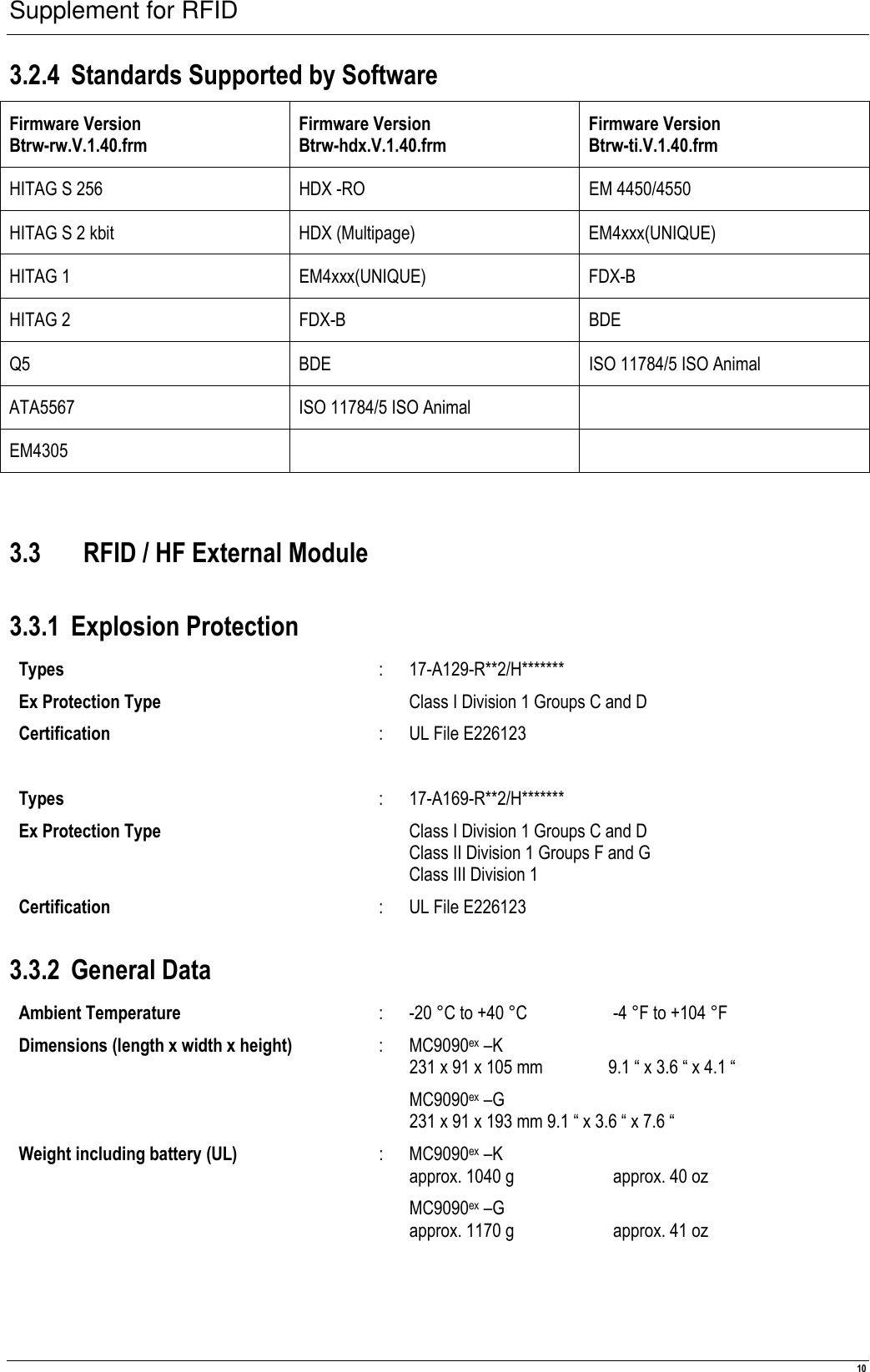 Supplement for RFID  10 3.2.4 Standards Supported by Software Firmware Version Btrw-rw.V.1.40.frm Firmware Version  Btrw-hdx.V.1.40.frm Firmware Version  Btrw-ti.V.1.40.frm HITAG S 256  HDX -RO  EM 4450/4550 HITAG S 2 kbit  HDX (Multipage)  EM4xxx(UNIQUE) HITAG 1  EM4xxx(UNIQUE)  FDX-B HITAG 2  FDX-B  BDE Q5  BDE  ISO 11784/5 ISO Animal ATA5567  ISO 11784/5 ISO Animal   EM4305      3.3.1 Explosion Protection Types  :  17-A129-R**2/H******* Ex Protection Type    Class I Division 1 Groups C and D Certification  :  UL File E226123     Types  :  17-A169-R**2/H******* Ex Protection Type    Class I Division 1 Groups C and D Class II Division 1 Groups F and G Class III Division 1 Certification  :  UL File E226123 3.3.2 General Data Ambient Temperature  :  -20 °C to +40 °C  -4 °F to +104 °F Dimensions (length x width x height)  :  MC9090ex –K 231 x 91 x 105 mm               9.1 “ x 3.6 “ x 4.1 “ MC9090ex –G 231 x 91 x 193 mm 9.1 “ x 3.6 “ x 7.6 “ Weight including battery (UL)  :  MC9090ex –K approx. 1040 g   approx. 40 oz MC9090ex –G approx. 1170 g   approx. 41 oz  3.3 RFID / HF External Module 