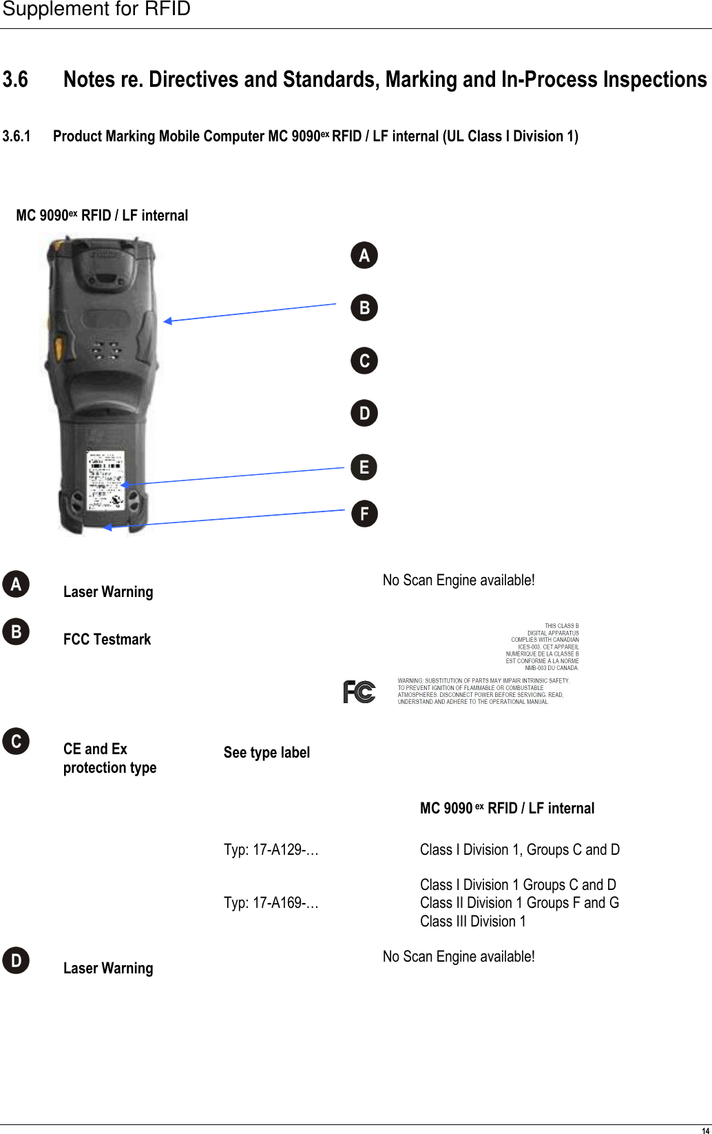 Supplement for RFID  14 3.6.1 Product Marking Mobile Computer MC 9090ex RFID / LF internal (UL Class I Division 1)  MC 9090ex RFID / LF internal       E      Laser Warning  No Scan Engine available!   FCC Testmark    CE and Ex   protection type See type label   MC 9090 ex RFID / LF internal  Typ: 17-A129-…  Class I Division 1, Groups C and D  Typ: 17-A169-… Class I Division 1 Groups C and D Class II Division 1 Groups F and G Class III Division 1  Laser Warning   No Scan Engine available! 3.6 Notes re. Directives and Standards, Marking and In-Process Inspections  