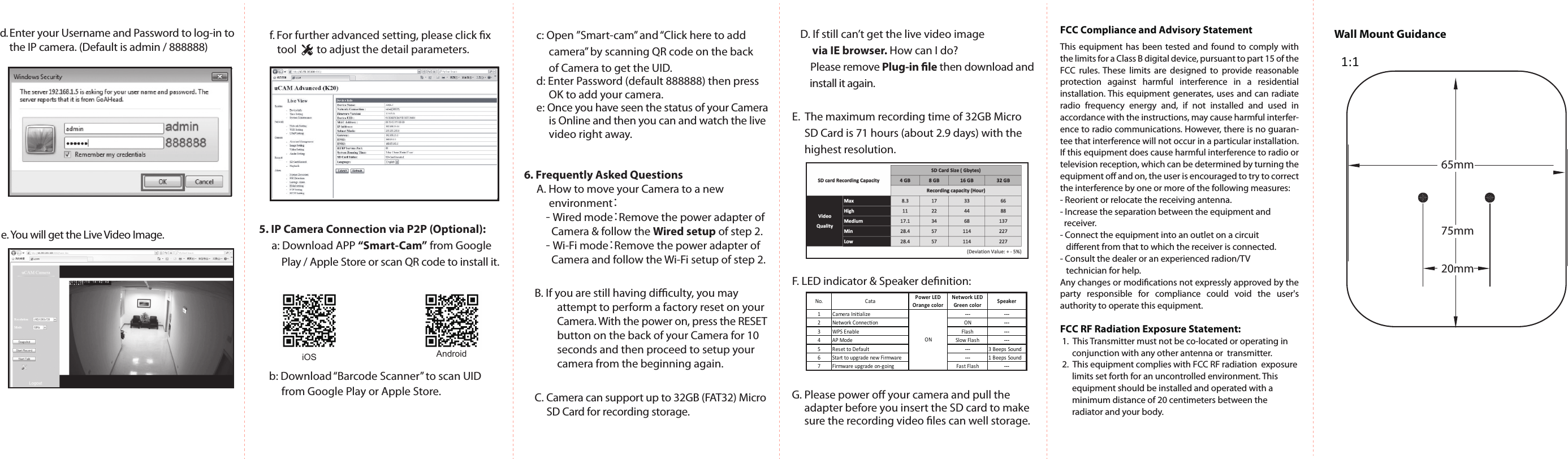 6. Frequently Asked Questions     A. How to move your Camera to a new           environment：        - Wired mode：Remove the power adapter of            Camera &amp; follow the Wired setup of step 2.        - Wi-Fi mode：Remove the power adapter of            Camera and follow the Wi-Fi setup of step 2.  C. Camera can support up to 32GB (FAT32) Micro      SD Card for recording storage.B. If you are still having diculty, you may          attempt to perform a factory reset on your          Camera. With the power on, press the RESET          button on the back of your Camera for 10          seconds and then proceed to setup your          camera from the beginning again.E.  The maximum recording time of 32GB Micro      SD Card is 71 hours (about 2.9 days) with the      highest resolution.F. LED indicator &amp; Speaker denition:Wall Mount Guidance 1:1 D. If still can&rsquo;t get the live video image      via IE browser. How can I do?    Please remove Plug-in le then download and         install it again.65mm75mm20mmd. Enter your Username and Password to log-in to     the IP camera. (Default is admin / 888888) e. You will get the Live Video Image.f. For further advanced setting, please click x    tool        to adjust the detail parameters.    c: Open &rdquo;Smart-cam&rdquo; and &ldquo;Click here to add          camera&rdquo; by scanning QR code on the back          of Camera to get the UID.    d: Enter Password (default 888888) then press            OK to add your camera.    e: Once you have seen the status of your Camera            is Online and then you can and watch the live            video right away.5. IP Camera Connection via P2P (Optional):     a: Download APP &ldquo;Smart-Cam&rdquo; from Google          Play / Apple Store or scan QR code to install it.        b: Download &ldquo;Barcode Scanner&rdquo; to scan UID          from Google Play or Apple Store.AndroidiOS No. Cata Power LEDOrange colorNetwork LEDGreen color Speaker1 Camera Inialize --- ---2 Network Connecon ON ---3 WPS Enable Flash ---4 AP Mode Slow Flash ---5 Reset to Default --- 3 Beeps Sound6 Start to upgrade new Firmware  --- 1 Beeps Sound7 Firmware upgrade on-going Fast Flash ---ONFCC Compliance and Advisory StatementThis equipment has been tested and found to comply with the limits for a Class B digital device, pursuant to part 15 of the FCC rules. These limits are designed to provide reasonable protection against harmful interference in a residential installation. This equipment generates, uses and can radiate radio frequency energy and, if not installed and used in accordance with the instructions, may cause harmful interfer-ence to radio communications. However, there is no guaran-tee that interference will not occur in a particular installation. If this equipment does cause harmful interference to radio or television reception, which can be determined by turning the equipment o and on, the user is encouraged to try to correct the interference by one or more of the following measures:- Reorient or relocate the receiving antenna.- Increase the separation between the equipment and   receiver.- Connect the equipment into an outlet on a circuit     dierent from that to which the receiver is connected.- Consult the dealer or an experienced radion/TV    technician for help.Any changes or modications not expressly approved by the party responsible for compliance could void the user's authority to operate this equipment.FCC RF Radiation Exposure Statement: 1.  This Transmitter must not be co‐located or operating in       conjunction with any other antenna or  transmitter. 2.  This equipment complies with FCC RF radiation  exposure        limits set forth for an uncontrolled environment. This       equipment should be installed and operated with a       minimum distance of 20 centimeters between the       radiator and your body.G. Please power o your camera and pull the      adapter before you insert the SD card to make      sure the recording video les can well storage.  