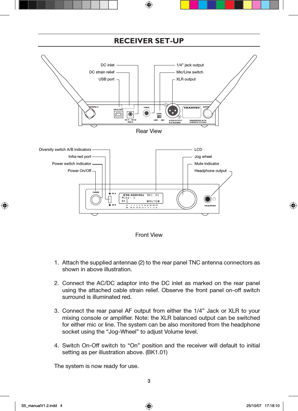 RECEIVER SET-UPRear View Front View 1.  Attach the supplied antennae (2) to the rear panel TNC antenna connectors as   shown in above illustration.2.  Connect the  AC/DC adaptor  into the  DC  inlet  as  marked  on  the  rear panel   using the attached cable strain  relief. Observe the front panel on-off switch    surround is illuminated red.3.  Connect the rear panel AF output from either the 1/4&rdquo; Jack or  XLR  to  your   mixing console or ampliﬁer. Note: the XLR balanced output can be switched   for either mic or line. The system can be also monitored from the headphone   socket using the &ldquo;Jog-Wheel&rdquo; to adjust Volume level.4.  Switch On-Off switch to  &ldquo;On&rdquo;  position  and  the  receiver will default to initial   setting as per illustration above. (BK1.01)The system is now ready for use.  DC inlet  1/4&rdquo; jack output  DC strain relief  Mic/Line switch  USB port  XLR output Diversity switch A/B indicators  Infra-red port  Power switch indicator  Power On/OffLCDJog wheelMute indicatorHeadphone output3S5_manualV1.2.indd   4 25/10/07   17:18:10