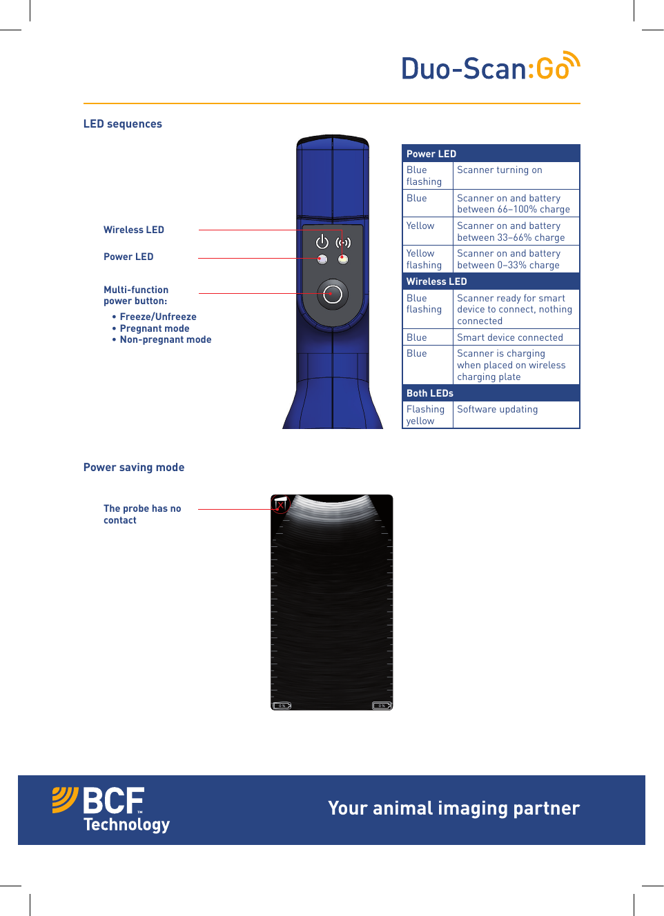 Power LEDBlue ﬂashingScanner turning onBlue Scanner on and battery between 66&ndash;100% chargeYellow Scanner on and battery between 33&ndash;66% chargeYellow ﬂashingScanner on and battery between 0&ndash;33% chargeWireless LEDBlue ﬂashingScanner ready for smart device to connect, nothing connectedBlue Smart device connectedBlue Scanner is charging when placed on wireless charging plateBoth LEDsFlashing yellowSoftware updatingMulti-function  power button:&bull; Freeze/Unfreeze&bull; Pregnant mode &bull; Non-pregnant modePower saving modeLED sequencesThe probe has no contactPower LEDWireless LEDYour animal imaging partner