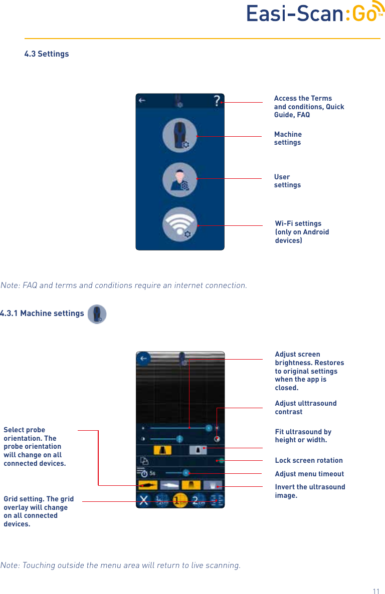 TM11Note: FAQ and terms and conditions require an internet connection.Machine settingsUser settingsWi-Fi settings (only on Android devices)Access the Terms a n d  c o n d i t i o n s ,  Q u i c k                                                                             Guide, FAQ4.3.1 Machine settingsAdjust screen brightness. Restores to original settings when the app is closed.Fit ultrasound by height or width. Adjust ulttrasound  contrastLock screen rotationAdjust menu timeoutGrid setting. The grid overlay will change on all connected devices.Invert the ultrasound image.Note: Touching outside the menu area will return to live scanning.4.3 SettingsSelect probe orientation. The probe orientation will change on all connected devices.