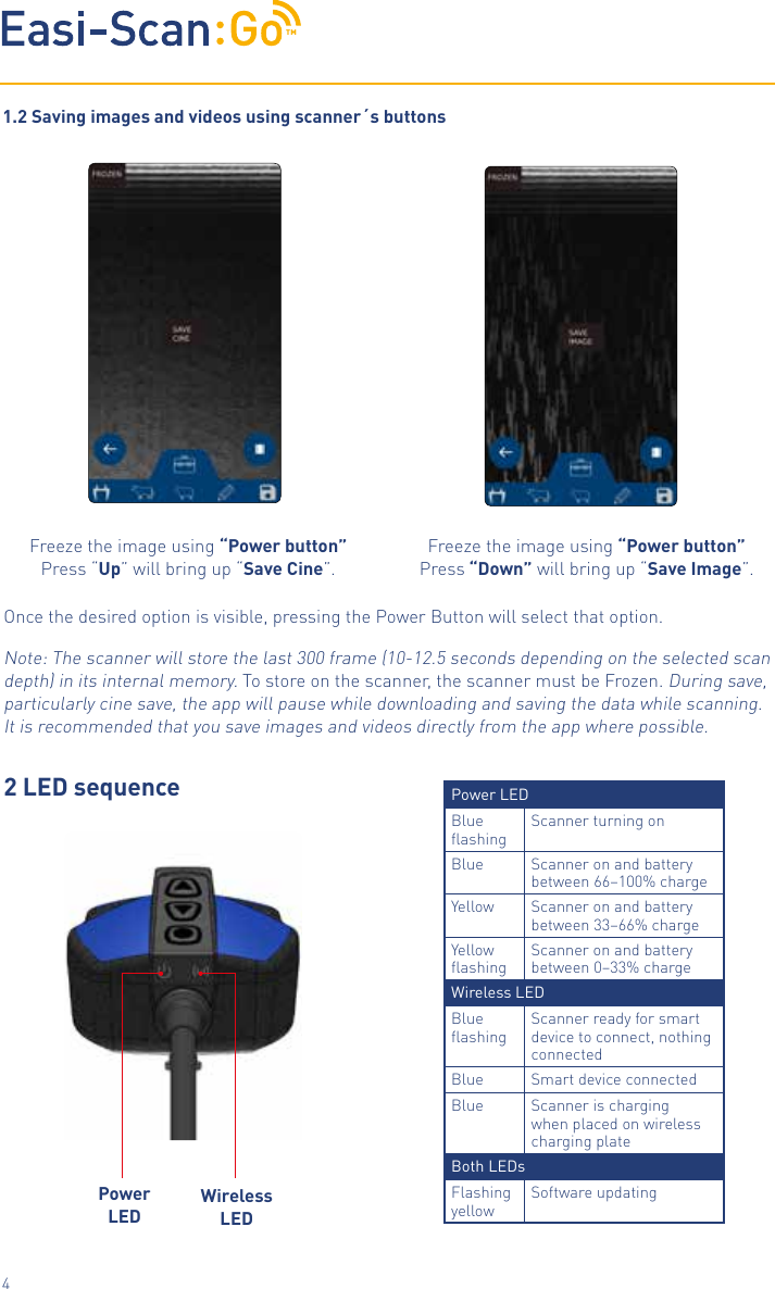 TM4Once the desired option is visible, pressing the Power Button will select that option.Note: The scanner will store the last 300 frame (10-12.5 seconds depending on the selected scan depth) in its internal memory. To store on the scanner, the scanner must be Frozen. During save, particularly cine save, the app will pause while downloading and saving the data while scanning. It is recommended that you save images and videos directly from the app where possible. 2 LED sequenceFreeze the image using &ldquo;Power button&rdquo; Press &ldquo;Down&rdquo; will bring up &ldquo;Save Image&rdquo;.Freeze the image using &ldquo;Power button&rdquo; Press &ldquo;Up&rdquo; will bring up &ldquo;Save Cine&rdquo;.1.2 Saving images and videos using scanner&acute;s buttonsPower LEDWireless LEDPower LEDBlue ﬂashingScanner turning onBlue Scanner on and battery between 66&ndash;100% chargeYellow Scanner on and battery between 33&ndash;66% chargeYellow ﬂashingScanner on and battery between 0&ndash;33% chargeWireless LEDBlue ﬂashingScanner ready for smart device to connect, nothing connectedBlue Smart device connectedBlue Scanner is charging when placed on wireless charging plateBoth LEDsFlashing yellowSoftware updating