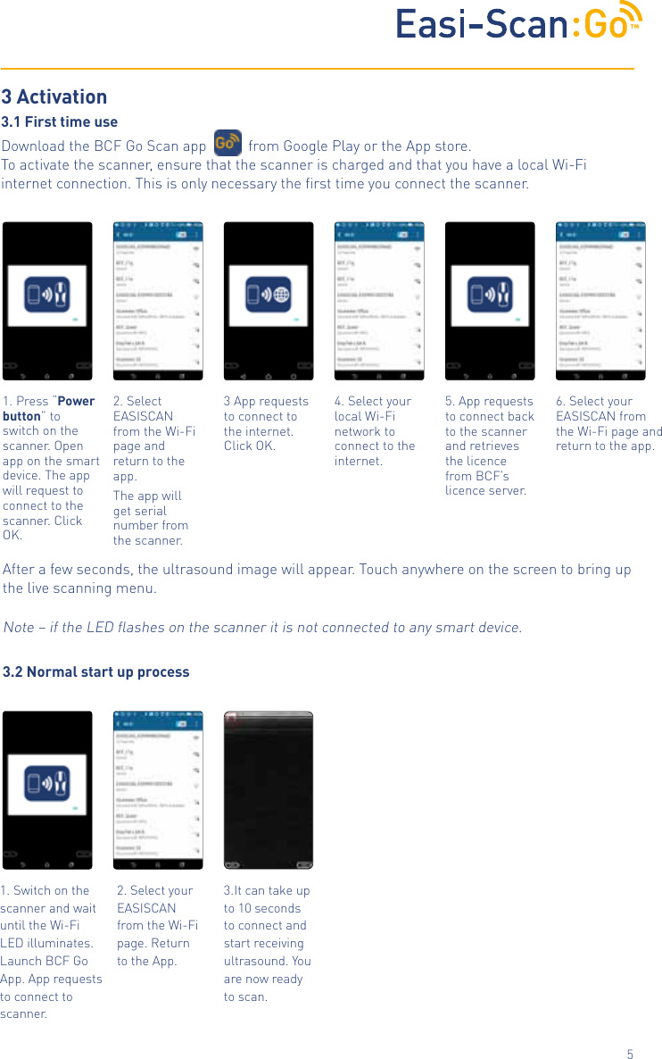 TM53.2 Normal start up process1. Press &ldquo;Power button&rdquo; to switch on the scanner. Open app on the smart device. The app will request to connect to the scanner. Click OK. 3 App requests to connect to the internet. Click OK.4. Select your local Wi-Fi network to connect to the internet. 5. App requests to connect back to the scanner and retrieves the licence from BCF&rsquo;s licence server. 2. Select EASISCAN from the Wi-Fi page and return to the app.The app will get serial number from the scanner.6. Select your EASISCAN from the Wi-Fi page and return to the app. 3 Activation3.1 First time useDownload the BCF Go Scan app           from Google Play or the App store.  To activate the scanner, ensure that the scanner is charged and that you have a local Wi-Fi internet connection. This is only necessary the ﬁrst time you connect the scanner. Note &ndash; if the LED ﬂashes on the scanner it is not connected to any smart device.After a few seconds, the ultrasound image will appear. Touchanywhere on the screen to bring up the live scanning menu.1. Switch on the scanner and wait until the Wi-Fi LED illuminates. Launch BCF Go App. App requests to connect to scanner.2. Select your EASISCAN from the Wi-Fi page. Return to the App.3.It can take up to 10 seconds to connect and start receiving ultrasound. You are now ready to scan. 