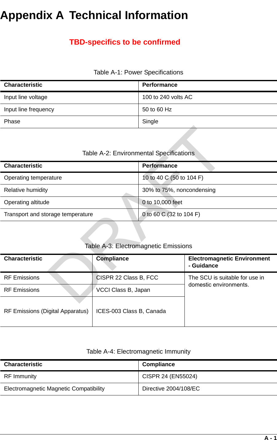 A - 1Appendix A  Technical InformationTBD-specifics to be confirmedTable A-1: Power SpecificationsCharacteristic PerformanceInput line voltage 100 to 240 volts ACInput line frequency 50 to 60 HzPhase SingleTable A-2: Environmental SpecificationsCharacteristic PerformanceOperating temperature 10 to 40 C (50 to 104 F)Relative humidity 30% to 75%, noncondensingOperating altitude 0 to 10,000 feetTransport and storage temperature 0 to 60 C (32 to 104 F)Table A-3: Electromagnetic EmissionsCharacteristic Compliance Electromagnetic Environment - GuidanceRF Emissions CISPR 22 Class B, FCC The SCU is suitable for use in domestic environments.      RF Emissions VCCI Class B, JapanRF Emissions (Digital Apparatus) ICES-003 Class B, CanadaTable A-4: Electromagnetic ImmunityCharacteristic ComplianceRF Immunity CISPR 24 (EN55024)Electromagnetic Magnetic Compatibility Directive 2004/108/ECDRAFT