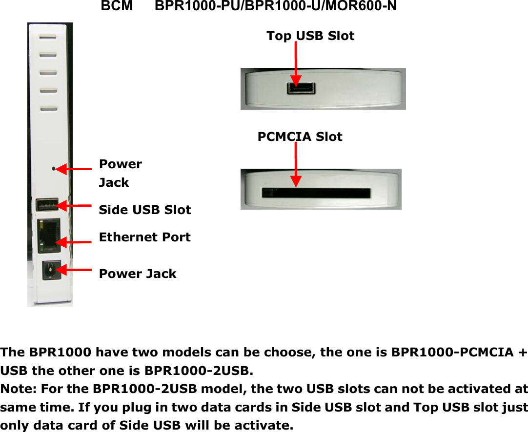 BCM   BPR1000-PU/BPR1000-U/MOR600-N     The BPR1000 have two models can be choose, the one is BPR1000-PCMCIA + USB the other one is BPR1000-2USB. Note: For the BPR1000-2USB model, the two USB slots can not be activated at same time. If you plug in two data cards in Side USB slot and Top USB slot just only data card of Side USB will be activate.                    Top USB Slot PCMCIA Slot Power Jack Side USB Slot Ethernet Port Power Jack 