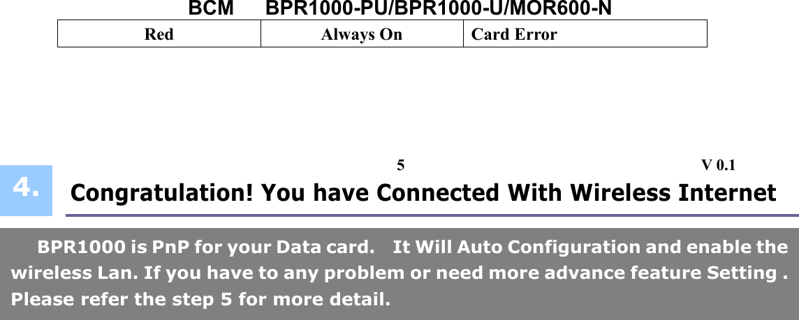 BCM   BPR1000-PU/BPR1000-U/MOR600-N Red  Always On  Card Error      Congratulation! You have Connected With Wireless Internet                                   BPR1000 is PnP for your Data card.    It Will Auto Configuration and enable thewireless Lan. If you have to any problem or need more advance feature Setting .Please refer the step 5 for more detail. 4.5                                     V 0.1 