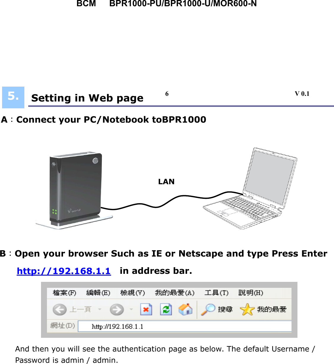 BCM   BPR1000-PU/BPR1000-U/MOR600-N        Setting in Web page A：Connect your PC/Notebook toBPR1000             B：Open your browser Such as IE or Netscape and type Press Enter http://192.168.1.1   in address bar.        And then you will see the authentication page as below. The default Username / Password is admin / admin.  LAN 5. 6                                     V 0.1 