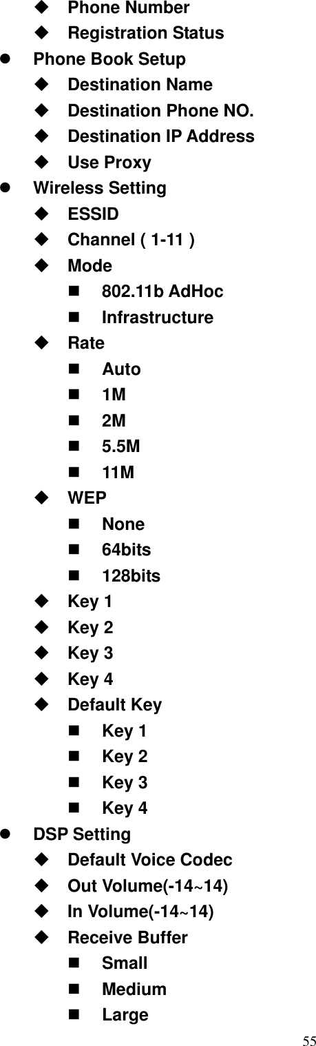  55 Phone Number  Registration Status   Phone Book Setup  Destination Name  Destination Phone NO.  Destination IP Address  Use Proxy   Wireless Setting  ESSID  Channel ( 1-11 )  Mode   802.11b AdHoc      Infrastructure  Rate   Auto     1M   2M   5.5M     11M  WEP   None     64bits   128bits  Key 1  Key 2  Key 3  Key 4  Default Key   Key 1   Key 2   Key 3   Key 4   DSP Setting  Default Voice Codec  Out Volume(-14~14)  In Volume(-14~14)  Receive Buffer   Small   Medium   Large 
