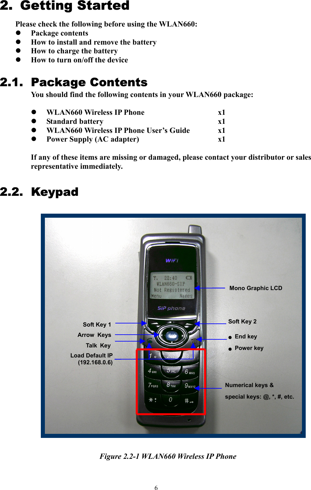  62.  Getting Started Please check the following before using the WLAN660:   Package contents   How to install and remove the battery   How to charge the battery   How to turn on/off the device  2.1. Package Contents  You should find the following contents in your WLAN660 package:      WLAN660 Wireless IP Phone     x1   Standard battery                        x1   WLAN660 Wireless IP Phone User’s Guide      x1   Power Supply (AC adapter)      x1  If any of these items are missing or damaged, please contact your distributor or sales representative immediately.  2.2. Keypad                             Figure 2.2-1 WLAN660 Wireless IP Phone       Mono Graphic LCD Soft Key 2 ● End key ● Power key Soft Key 1Load Default IP(192.168.0.6)Numerical keys &amp; special keys: @, *, #, etc. Talk KeyArrow Keys