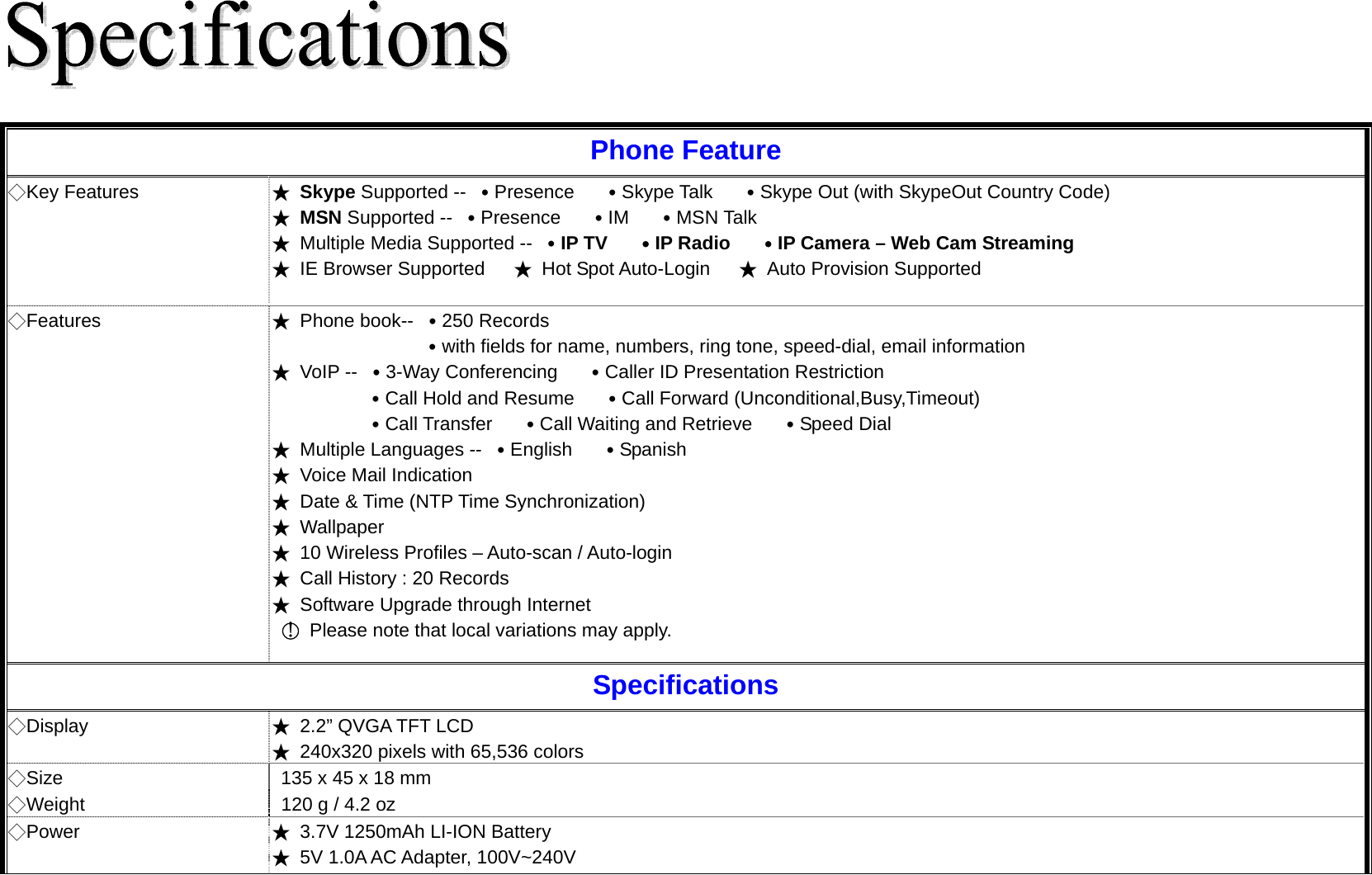   Phone Feature ◇Key Features  ★ Skype Supported --  ․Presence   ․Skype Talk      ․Skype Out (with SkypeOut Country Code)   ★ MSN Supported --  ․Presence   ․IM   ․MSN Talk   ★  Multiple Media Supported --  ․IP TV   ․IP Radio   ․IP Camera – Web Cam Streaming ★ IE Browser Supported   ★ Hot Spot Auto-Login   ★  Auto Provision Supported ◇Features  ★ Phone book-- ․250 Records   ․with fields for name, numbers, ring tone, speed-dial, email information ★ VoIP -- ․3-Way Conferencing      ․Caller ID Presentation Restriction       ․Call Hold and Resume      ․Call Forward (Unconditional,Busy,Timeout) ․Call Transfer   ․Call Waiting and Retrieve      ․Speed Dial ★  Multiple Languages --  ․English   ․Spanish ★  Voice Mail Indication   ★  Date &amp; Time (NTP Time Synchronization)     ★ Wallpaper ★  10 Wireless Profiles – Auto-scan / Auto-login ★  Call History : 20 Records   ★  Software Upgrade through Internet ○！ Please note that local variations may apply. Specifications ◇Display  ★  2.2” QVGA TFT LCD ★  240x320 pixels with 65,536 colors ◇Size  135 x 45 x 18 mm ◇Weight  120 g / 4.2 oz ◇Power  ★  3.7V 1250mAh LI-ION Battery ★  5V 1.0A AC Adapter, 100V~240V 