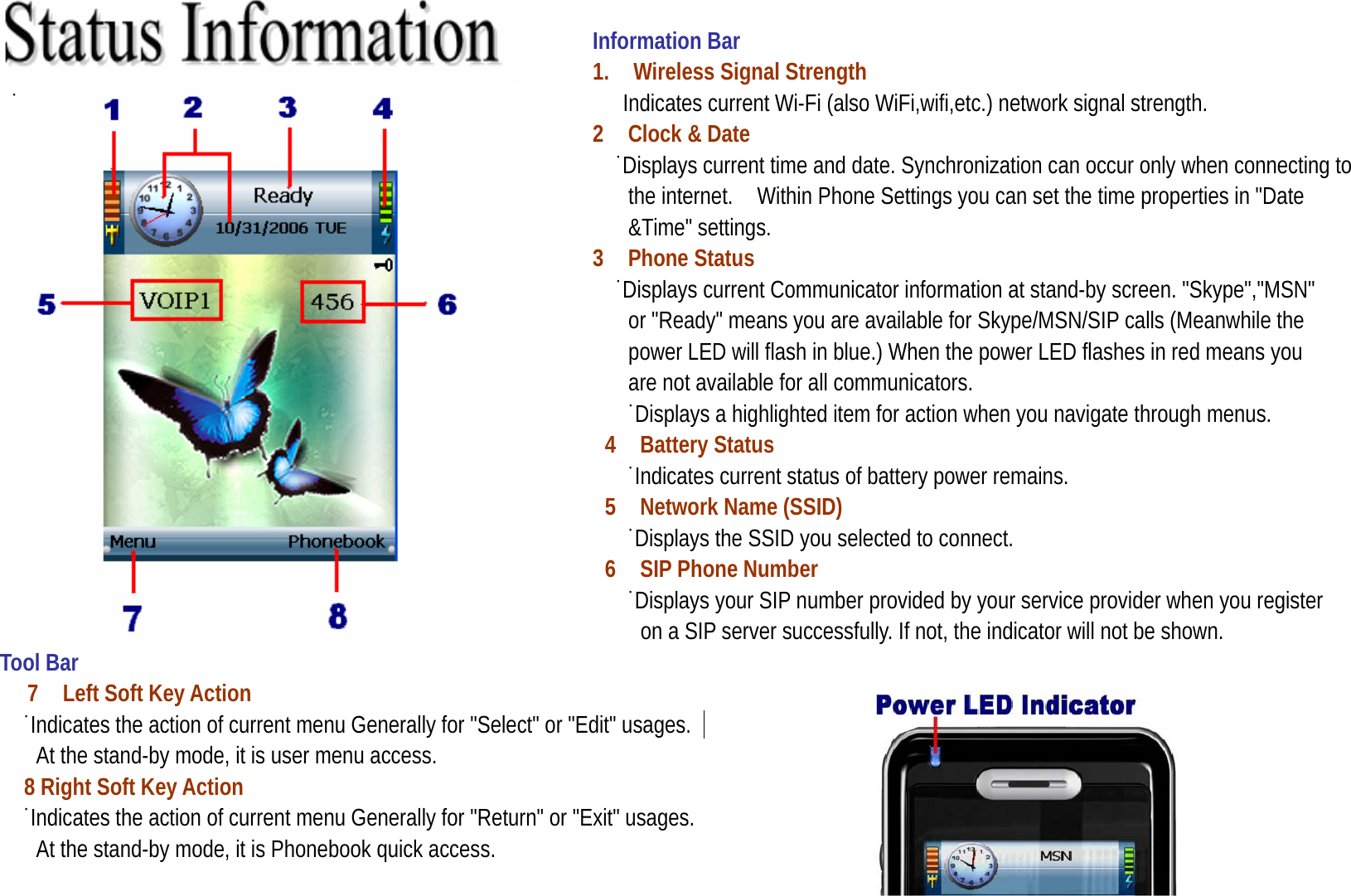  Information Bar                                       1.  Wireless Signal Strength    ˙                                                   Indicates current Wi-Fi (also WiFi,wifi,etc.) network signal strength.   2  Clock &amp; Date                                                      ˙Displays current time and date. Synchronization can occur only when connecting to the internet.    Within Phone Settings you can set the time properties in &quot;Date &amp;Time&quot; settings. 3  Phone Status                                                      ˙Displays current Communicator information at stand-by screen. &quot;Skype&quot;,&quot;MSN&quot;   or &quot;Ready&quot; means you are available for Skype/MSN/SIP calls (Meanwhile the   power LED will flash in blue.) When the power LED flashes in red means you   are not available for all communicators. ˙Displays a highlighted item for action when you navigate through menus. 4  Battery Status                                                       ˙Indicates current status of battery power remains. 5  Network Name (SSID)                                                       ˙Displays the SSID you selected to connect.   6  SIP Phone Number                                                       ˙Displays your SIP number provided by your service provider when you register   on a SIP server successfully. If not, the indicator will not be shown.   Tool Bar   7  Left Soft Key Action     ˙Indicates the action of current menu Generally for &quot;Select&quot; or &quot;Edit&quot; usages.         At the stand-by mode, it is user menu access. 8 Right Soft Key Action     ˙Indicates the action of current menu Generally for &quot;Return&quot; or &quot;Exit&quot; usages.      At the stand-by mode, it is Phonebook quick access. 