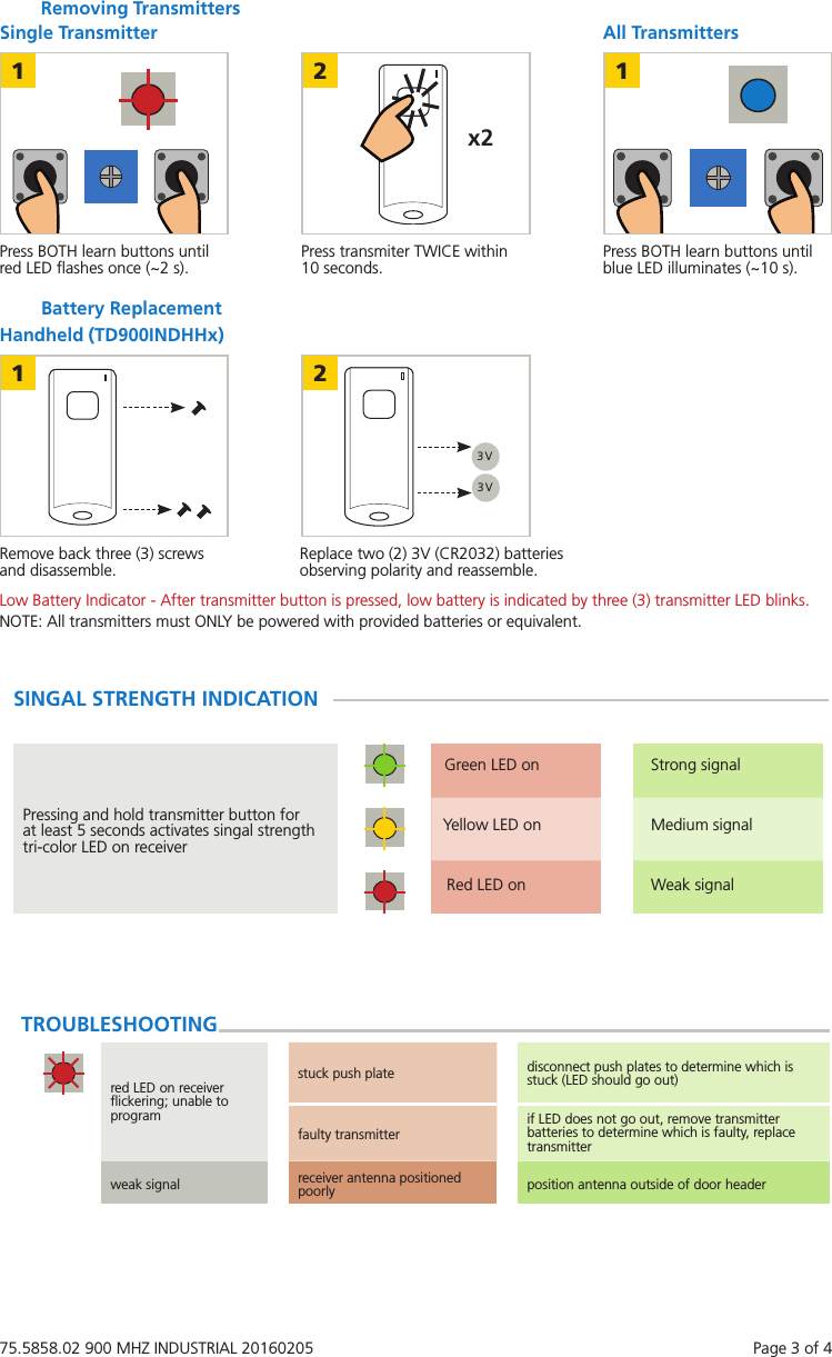 75.5858.02 900 MHZ INDUSTRIAL 20160205    Page 3 of 4All TransmittersRemoving TransmittersSingle Transmitter1 2 1Press BOTH learn buttons until red LED ﬂashes once (~2 s). Press BOTH learn buttons until blue LED illuminates (~10 s).Press transmiter TWICE within 10 seconds.Battery ReplacementHandheld (TD900INDHHx)1 2Remove back three (3) screws and disassemble. Replace two (2) 3V (CR2032) batteries observing polarity and reassemble.Low Battery Indicator - After transmitter button is pressed, low battery is indicated by three (3) transmitter LED blinks.NOTE: All transmitters must ONLY be powered with provided batteries or equivalent.SINGAL STRENGTH INDICATION3 V3 Vx2red LED on receiver ﬂickering; unable to programstuck push plate disconnect push plates to determine which is stuck (LED should go out)faulty transmitterif LED does not go out, remove transmitter batteries to determine which is faulty, replace transmitterweak signal receiver antenna positioned poorly position antenna outside of door headerTROUBLESHOOTINGPressing and hold transmitter button for at least 5 seconds activates singal strength tri-color LED on receiverGreen LED onRed LED onStrong signalWeak signalYellow LED on Medium signal