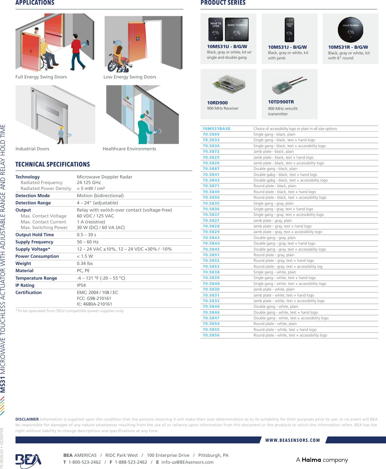 Page 2 of 2 - BEA MS31 Cut Sheet 79.0626.02-MS31-20200709