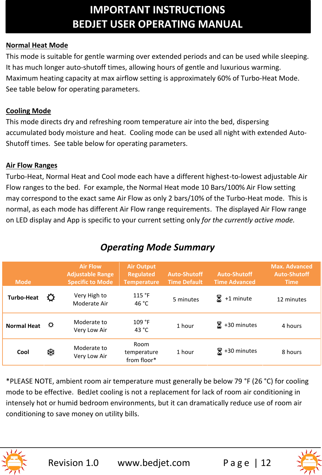 IMPORTANT INSTRUCTIONSBEDJET USER OPERATING MANUALRevision 1.0 www.bedjet.com P a g e | 12Normal Heat ModeThis mode is suitable for gentle warming over extended periods and can be used while sleeping.It has much longer auto-shutoff times, allowing hours of gentle and luxurious warming.Maximum heating capacity at max airflow setting is approximately 60% of Turbo-Heat Mode.See table below for operating parameters.Cooling ModeThis mode directs dry and refreshing room temperature air into the bed, dispersingaccumulated body moisture and heat. Cooling mode can be used all night with extended Auto-Shutoff times.  See table below for operating parameters.Air Flow RangesTurbo-Heat, Normal Heat and Cool mode each have a different highest-to-lowest adjustable AirFlow ranges to the bed. For example, the Normal Heat mode 10 Bars/100% Air Flow settingmay correspond to the exact same Air Flow as only 2 bars/10% of the Turbo-Heat mode.  This isnormal, as each mode has different Air Flow range requirements. The displayed Air Flow rangeon LED display and App is specific to your current setting only for the currently active mode.Operating Mode SummaryModeAir FlowAdjustable RangeSpecific to ModeAir OutputRegulatedTemperatureAuto-ShutoffTime DefaultAuto-ShutoffTime AdvancedMax. AdvancedAuto-ShutoffTimeTurbo-HeatVery High toModerate Air115 °F46 °C5 minutes+1 minute12 minutesNormal HeatModerate toVery Low Air109 °F43 °C1 hour+30 minutes4 hoursCoolModerate toVery Low AirRoomtemperaturefrom floor*1 hour+30 minutes8 hours*PLEASE NOTE, ambient room air temperature must generally be below 79 °F (26 °C) for coolingmode to be effective. BedJet cooling is not a replacement for lack of room air conditioning inintensely hot or humid bedroom environments, but it can dramatically reduce use of room airconditioning to save money on utility bills.