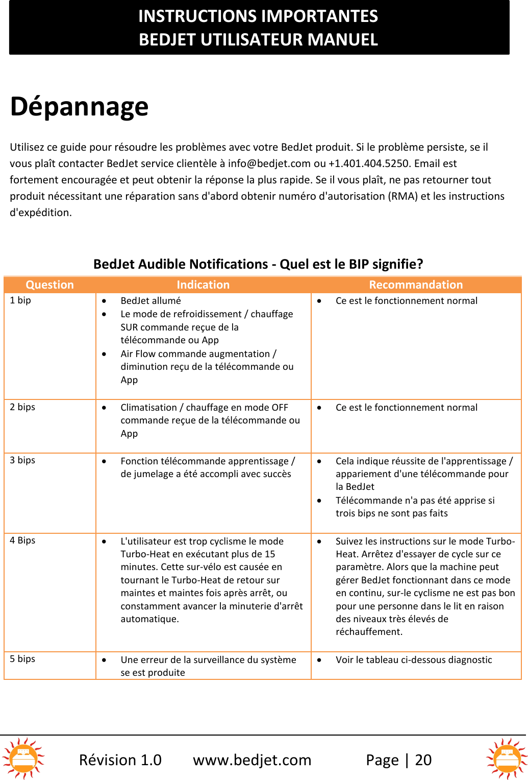 INSTRUCTIONS IMPORTANTESBEDJET UTILISATEUR MANUELRévision 1.0 www.bedjet.com Page | 20DépannageUtilisez ce guide pour résoudre les problèmes avec votre BedJet produit. Si le problème persiste, se ilvous plaît contacter BedJet service clientèle à info@bedjet.com ou +1.401.404.5250. Email estfortement encouragée et peut obtenir la réponse la plus rapide. Se il vous plaît, ne pas retourner toutproduit nécessitant une réparation sans d&apos;abord obtenir numéro d&apos;autorisation (RMA) et les instructionsd&apos;expédition.BedJet Audible Notifications - Quel est le BIP signifie?QuestionIndicationRecommandation1 bipBedJet alluméLe mode de refroidissement / chauffageSUR commande reçue de latélécommande ou AppAir Flow commande augmentation /diminution reçu de la télécommande ouAppCe est le fonctionnement normal2 bipsClimatisation / chauffage en mode OFFcommande reçue de la télécommande ouAppCe est le fonctionnement normal3 bipsFonction télécommande apprentissage /de jumelage a été accompli avec succèsCela indique réussite de l&apos;apprentissage /appariement d&apos;une télécommande pourla BedJetTélécommande n&apos;a pas été apprise sitrois bips ne sont pas faits4 BipsL&apos;utilisateur est trop cyclisme le modeTurbo-Heat en exécutant plus de 15minutes. Cette sur-vélo est causée entournant le Turbo-Heat de retour surmaintes et maintes fois après arrêt, ouconstamment avancer la minuterie d&apos;arrêtautomatique.Suivez les instructions sur le mode Turbo-Heat. Arrêtez d&apos;essayer de cycle sur ceparamètre. Alors que la machine peutgérer BedJet fonctionnant dans ce modeen continu, sur-le cyclisme ne est pas bonpour une personne dans le lit en raisondes niveaux très élevés deréchauffement.5 bipsUne erreur de la surveillance du systèmese est produiteVoir le tableau ci-dessous diagnostic