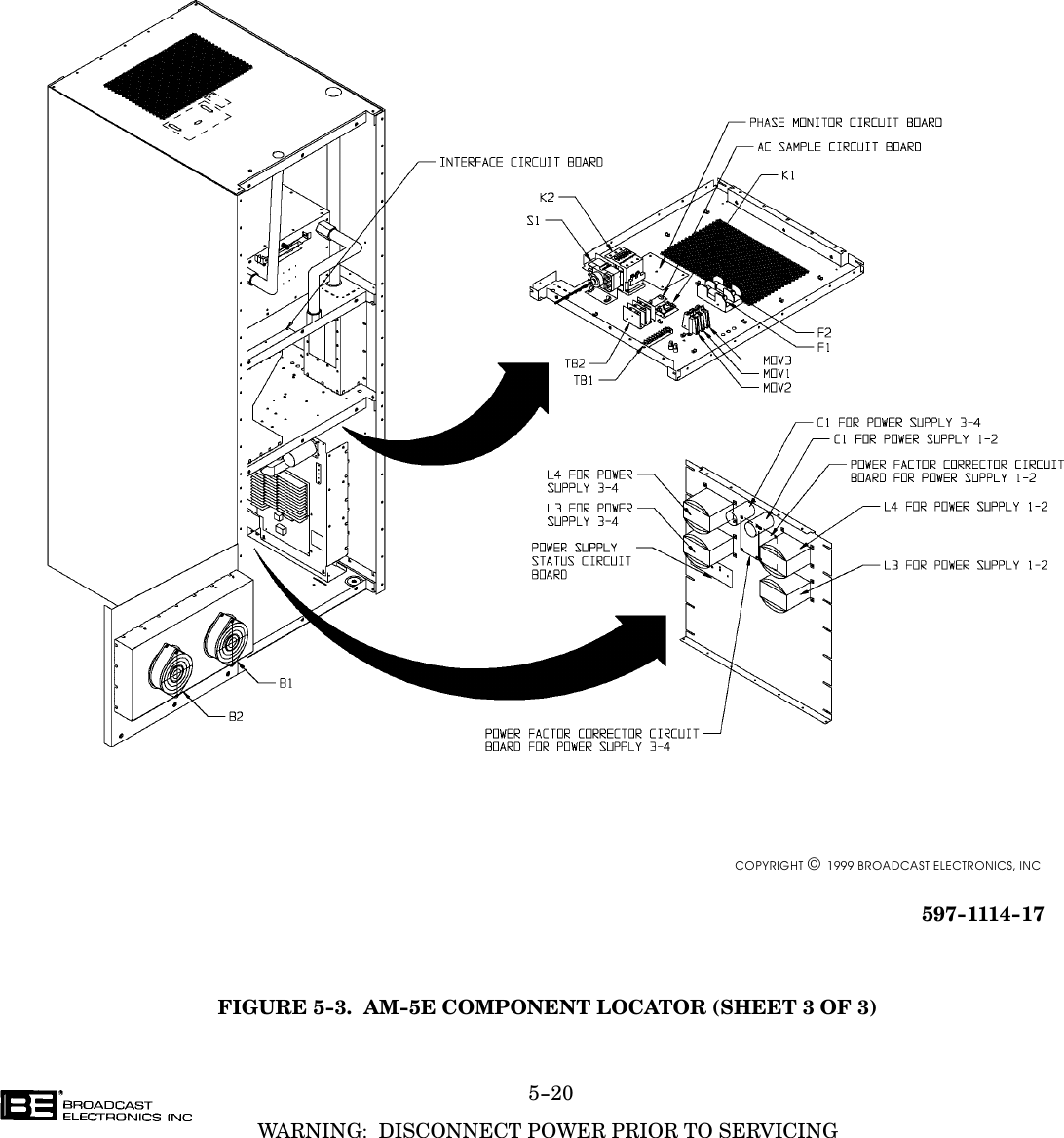 5-20WARNING:  DISCONNECT POWER PRIOR TO SERVICINGCOPYRIGHT  1999 BROADCAST ELECTRONICS, INC597-1114-17FIGURE 5-3.  AM-5E COMPONENT LOCATOR (SHEET 3 OF 3)