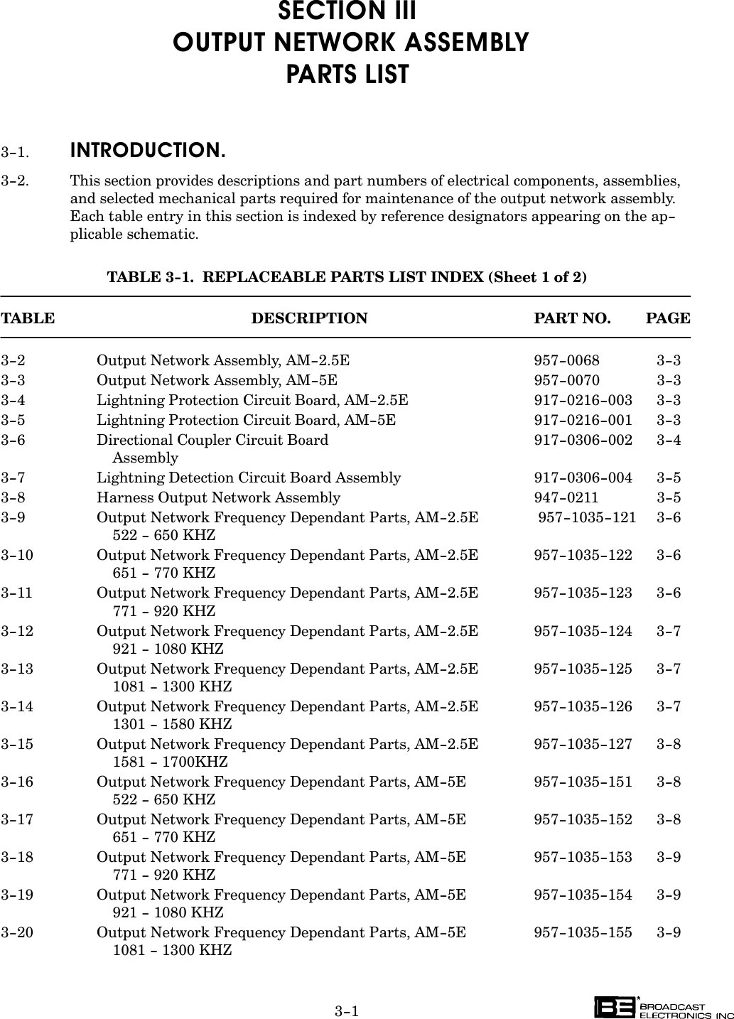 3-1SECTION III OUTPUT NETWORK ASSEMBLYPARTS LIST3-1. INTRODUCTION.3-2. This section provides descriptions and part numbers of electrical components, assemblies,and selected mechanical parts required for maintenance of the output network assembly.Each table entry in this section is indexed by reference designators appearing on the ap-plicable schematic.TABLE 3-1.  REPLACEABLE PARTS LIST INDEX (Sheet 1 of 2)TABLE DESCRIPTION PART NO. PAGE3-2 Output Network Assembly, AM-2.5E 957-0068 3-33-3 Output Network Assembly, AM-5E 957-0070 3-33-4 Lightning Protection Circuit Board, AM-2.5E 917-0216-003 3-33-5 Lightning Protection Circuit Board, AM-5E 917-0216-001 3-33-6 Directional Coupler Circuit Board  917-0306-002 3-4Assembly3-7 Lightning Detection Circuit Board Assembly   917-0306-004 3-53-8 Harness Output Network Assembly 947-0211 3-53-9 Output Network Frequency Dependant Parts, AM-2.5E   957-1035-121 3-6522 - 650 KHZ3-10 Output Network Frequency Dependant Parts, AM-2.5E    957-1035-122 3-6651 - 770 KHZ3-11 Output Network Frequency Dependant Parts, AM-2.5E    957-1035-123 3-6771 - 920 KHZ3-12 Output Network Frequency Dependant Parts, AM-2.5E   957-1035-124 3-7921 - 1080 KHZ3-13 Output Network Frequency Dependant Parts, AM-2.5E   957-1035-125 3-71081 - 1300 KHZ3-14 Output Network Frequency Dependant Parts, AM-2.5E  957-1035-126 3-71301 - 1580 KHZ3-15 Output Network Frequency Dependant Parts, AM-2.5E   957-1035-127  3-81581 - 1700KHZ3-16 Output Network Frequency Dependant Parts, AM-5E  957-1035-151 3-8522 - 650 KHZ3-17 Output Network Frequency Dependant Parts, AM-5E    957-1035-152 3-8651 - 770 KHZ3-18 Output Network Frequency Dependant Parts, AM-5E    957-1035-153 3-9771 - 920 KHZ3-19 Output Network Frequency Dependant Parts, AM-5E   957-1035-154 3-9921 - 1080 KHZ3-20 Output Network Frequency Dependant Parts, AM-5E   957-1035-155 3-91081 - 1300 KHZ