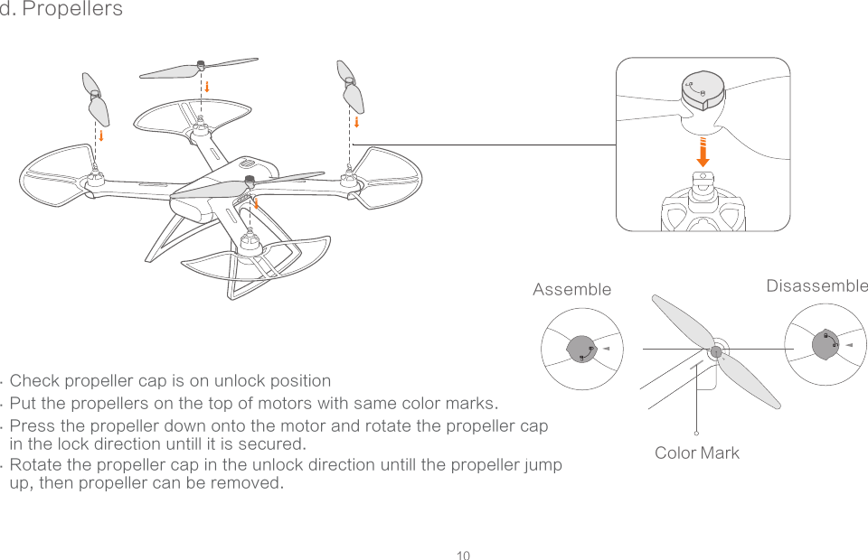 10d. Propellers...Check propeller cap is on unlock positionPut the propellers on the top of motors with same color marks.Press the propeller down onto the motor and rotate the propeller cap in the lock direction untill it is secured.  .Rotate the propeller cap in the unlock direction untill the propeller jump up, then propeller can be removed.  Color MarkDisassembleAssemble