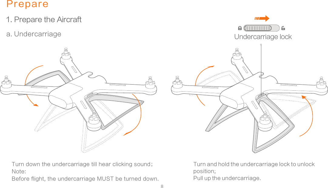 8Prepare1. Prepare the Aircrafta. UndercarriageTurn down the undercarriage till hear clicking sound；Note: Before flight, the undercarriage MUST be turned down. Turn and hold the undercarriage lock to unlockposition;Pull up the undercarriage.Undercarriage lock