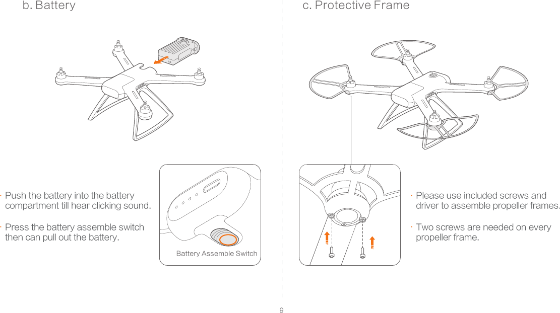 9b. Battery c. Protective FramePlease use included screws and driver to assemble propeller frames.Two screws are needed on every propeller frame...Push the battery into the batterycompartment till hear clicking sound. Press the battery assemble switch then can pull out the battery...Battery Assemble Switch