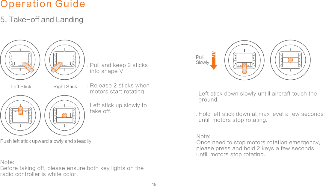 18Operation Guide5. Take-off and LandingPush left stick upward slowly and steadilyLeft Stick Right StickPullSlowlyPull and keep 2 sticks into shape VRelease 2 sticks when motors start rotatingLeft stick down slowly untill aircraft touch the ground. Hold left stick down at max level a few seconds untill motors stop rotating.Left stick up slowly to take off. Note: Before taking off, please ensure both key lights on the radio controller is white color. Note: Once need to stop motors rotation emergency, please press and hold 2 keys a few seconds untill motors stop rotating.  