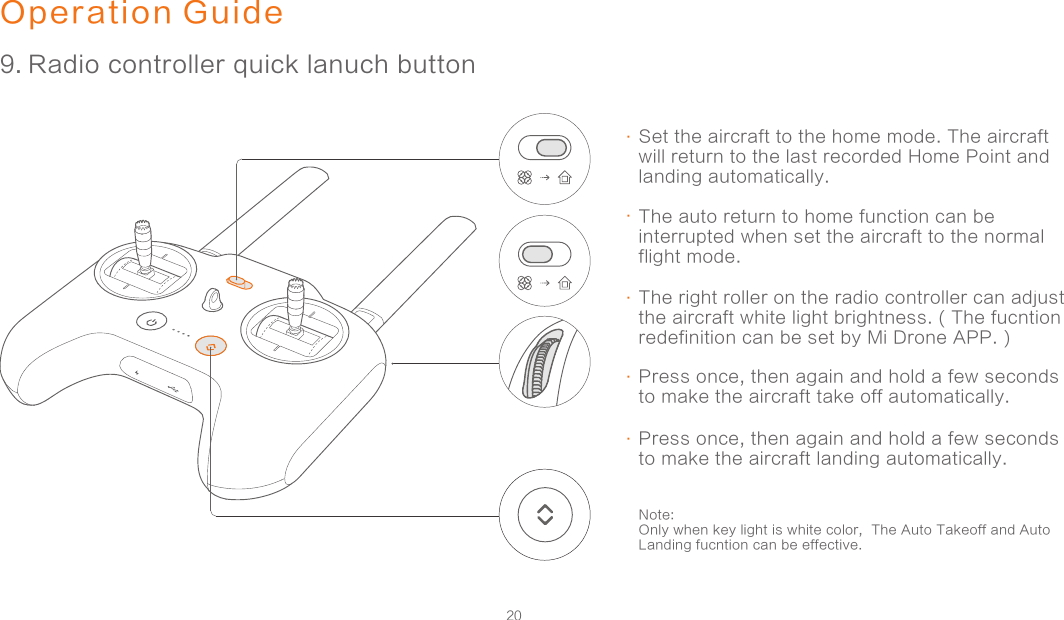 20Operation Guide9. Radio controller quick lanuch buttonSet the aircraft to the home mode. The aircraft will return to the last recorded Home Point and landing automatically.   .The auto return to home function can be interrupted when set the aircraft to the normal flight mode.  .The right roller on the radio controller can adjust the aircraft white light brightness. ( The fucntion redefinition can be set by Mi Drone APP. ).Press once, then again and hold a few seconds to make the aircraft take off automatically..Press once, then again and hold a few seconds to make the aircraft landing automatically. .Note: Only when key light is white color,  The Auto Takeoff and Auto Landing fucntion can be effective.  