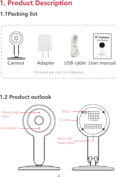 Before using this product, please read the guide carefully to avoid any damages to the product, do not misconﬁguration or misuse.User ManualIP Camera1. Product Description1.1Packing listCamera User manualUSB cable*Pictures are only for reference.1.2 Product outlookAdapter-2-Infrared nightvisionLED IndicatorRESETRESETMicro USB Power InputSD card