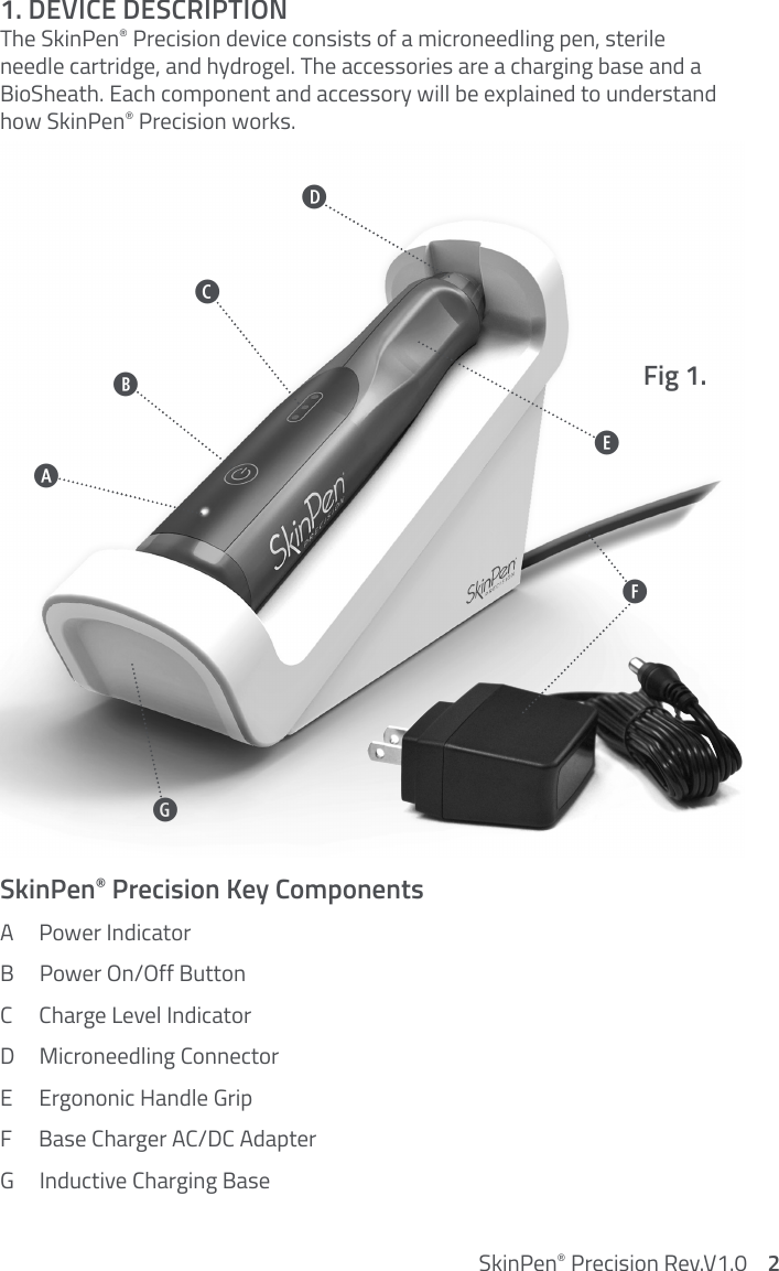 1. DEVICE DESCRIPTIONThe SkinPen® Precision device consists of a microneedling pen, sterile needle cartridge, and hydrogel. The accessories are a charging base and a BioSheath. Each component and accessory will be explained to understand how SkinPen® Precision works.SkinPen® Precision Key ComponentsA     Power IndicatorB     Power On/Off ButtonC     Charge Level IndicatorD     Microneedling ConnectorE      Ergononic Handle GripF      Base Charger AC/DC AdapterG     Inductive Charging BaseSkinPen® Precision Rev.V1.0    2Fig 1.GFEABCD
