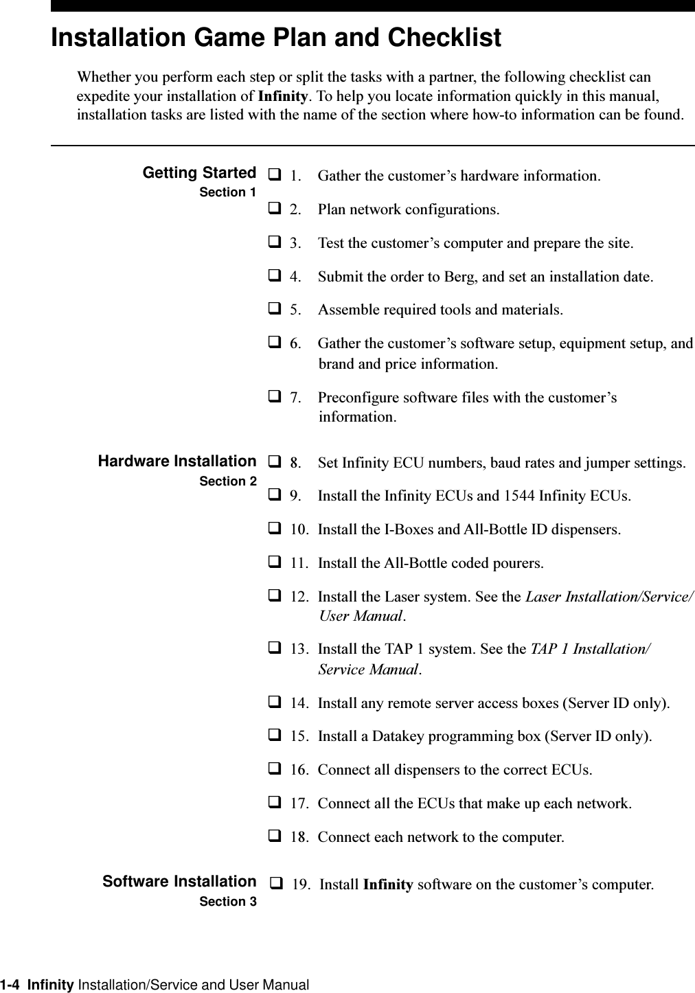 1-4  Infinity Installation/Service and User ManualInstallation Game Plan and ChecklistWhether you perform each step or split the tasks with a partner, the following checklist canexpedite your installation of Infinity. To help you locate information quickly in this manual,installation tasks are listed with the name of the section where how-to information can be found.Getting StartedSection 1q1. Gather the customers hardware information.q2. Plan network configurations.q3. Test the customers computer and prepare the site.q4. Submit the order to Berg, and set an installation date.q5. Assemble required tools and materials.q6. Gather the customers software setup, equipment setup, andbrand and price information.q7. Preconfigure software files with the customersinformation.Hardware InstallationSection 2q8. Set Infinity ECU numbers, baud rates and jumper settings.q9. Install the Infinity ECUs and 1544 Infinity ECUs.q10. Install the I-Boxes and All-Bottle ID dispensers.q11. Install the All-Bottle coded pourers.q12. Install the Laser system. See the Laser Installation/Service/User Manual.q13. Install the TAP 1 system. See the TAP 1 Installation/Service Manual.q14. Install any remote server access boxes (Server ID only).q15. Install a Datakey programming box (Server ID only).q16. Connect all dispensers to the correct ECUs.q17. Connect all the ECUs that make up each network.q18. Connect each network to the computer.Software InstallationSection 3q19. Install Infinity software on the customers computer.